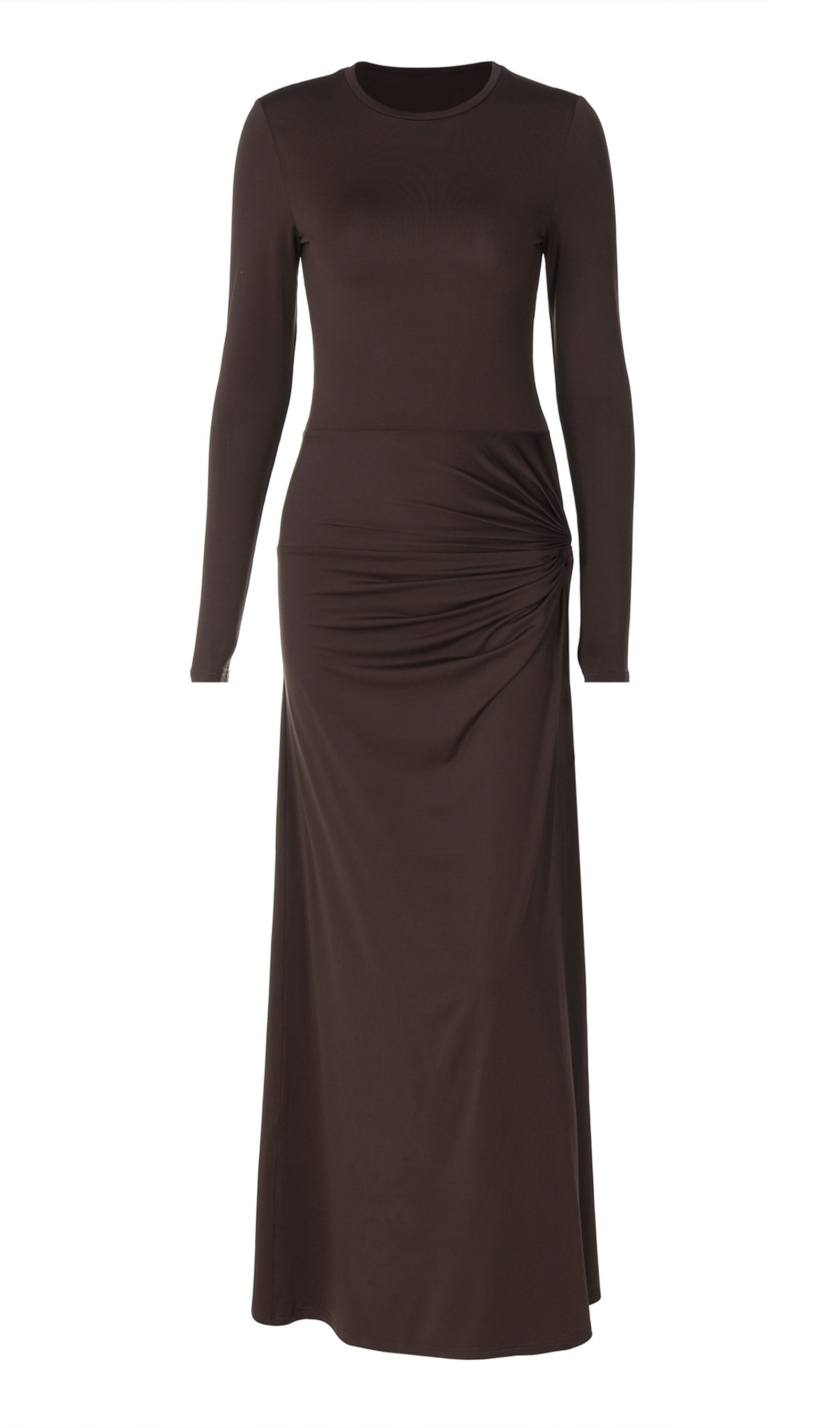 Draped Jersey Maxi Dress with Slit - Brown 