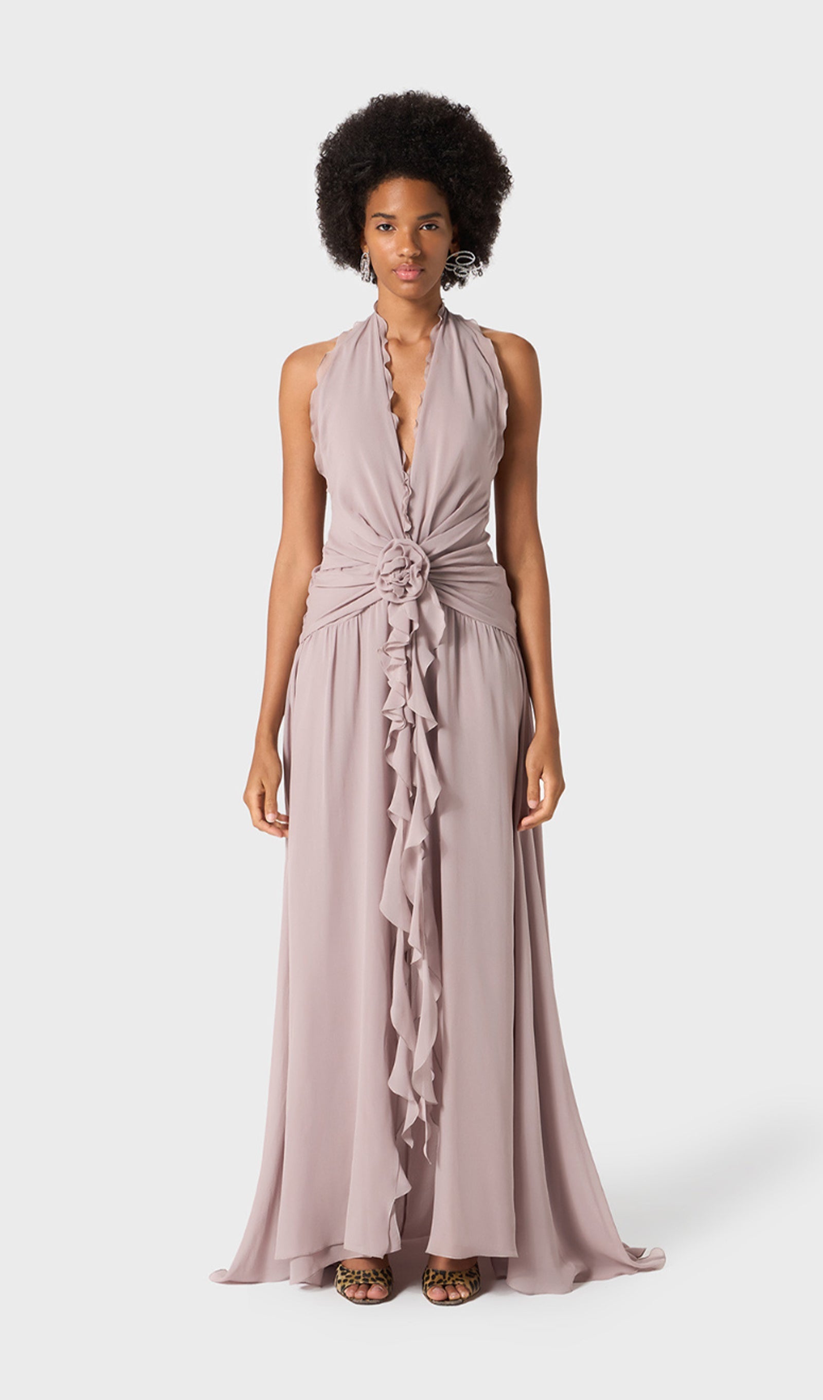Halter Ruffles Maxi Dress with Rose Embellishments 