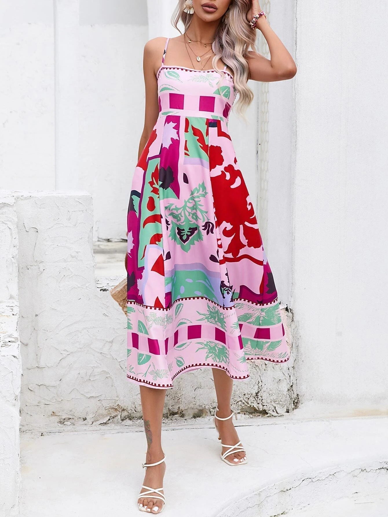 Soyut Patchwork Slip Maksi Elbise