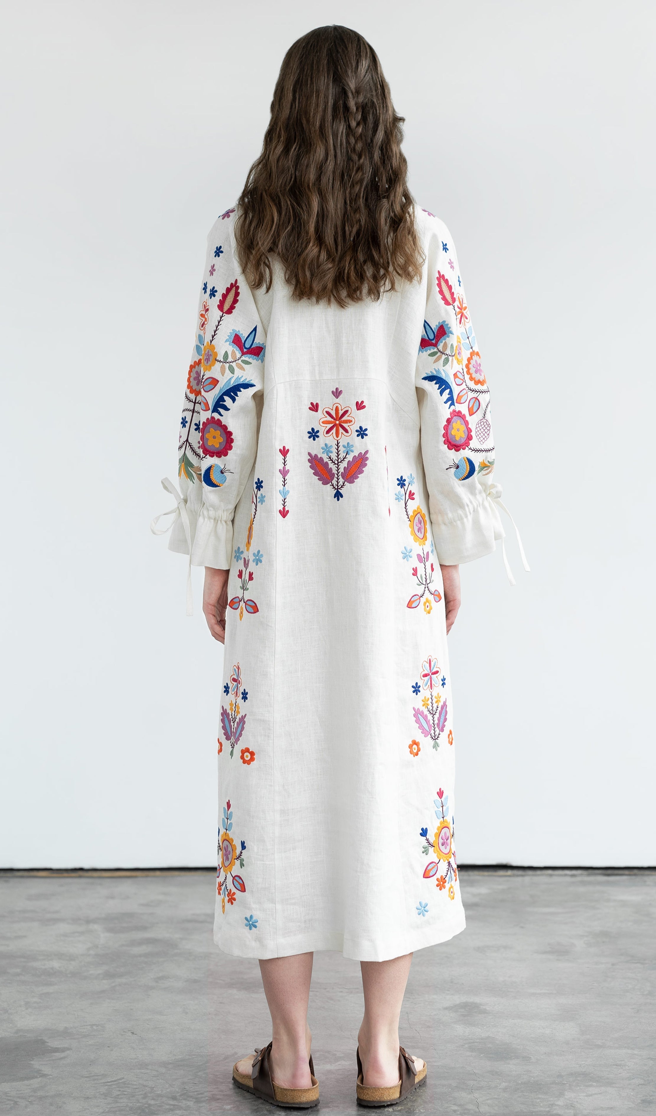 White Linen Midi Dress with Floral Embroidery