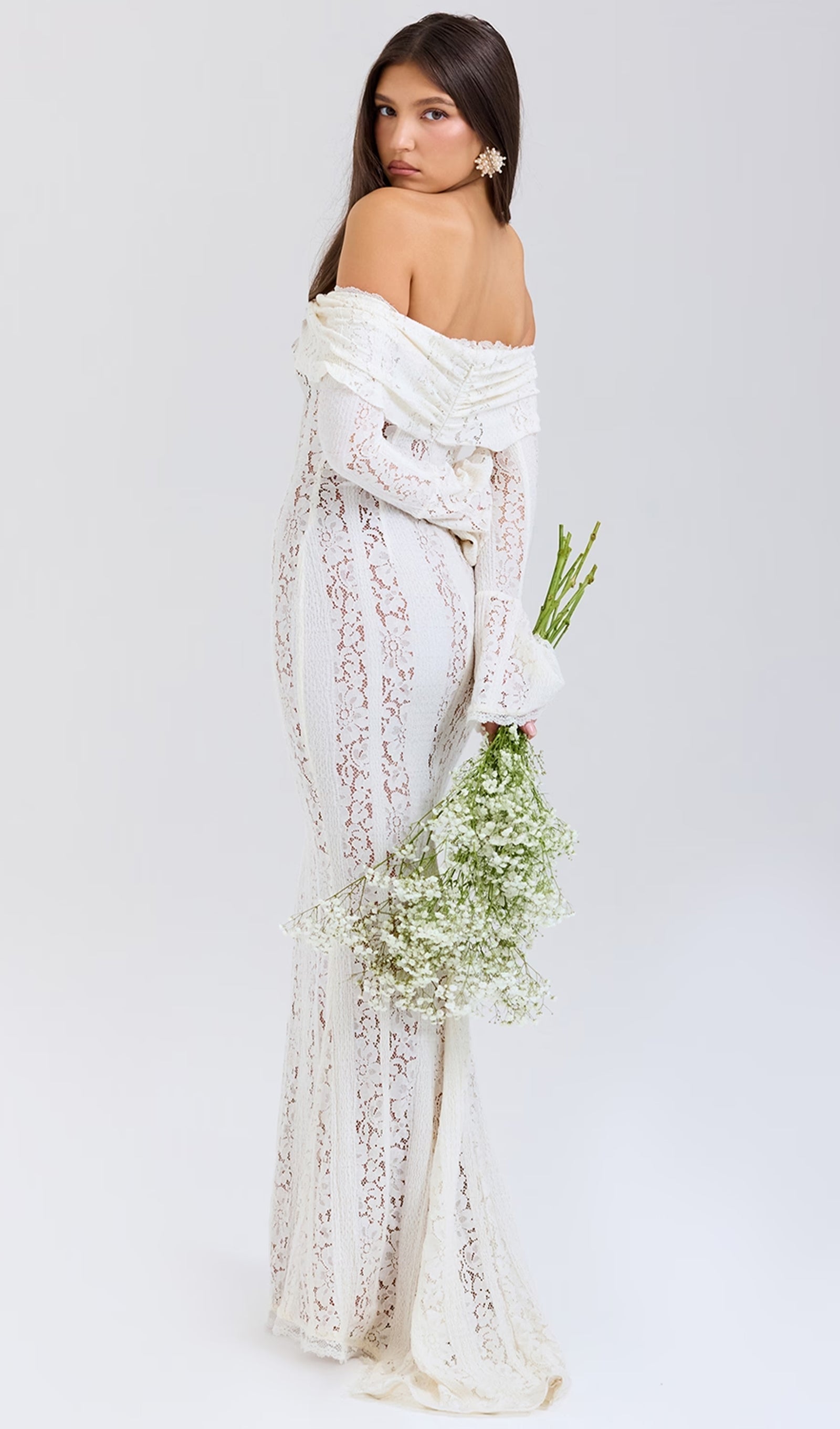 Vintage Floral Lace Off-Shoulder Maxi Dress 