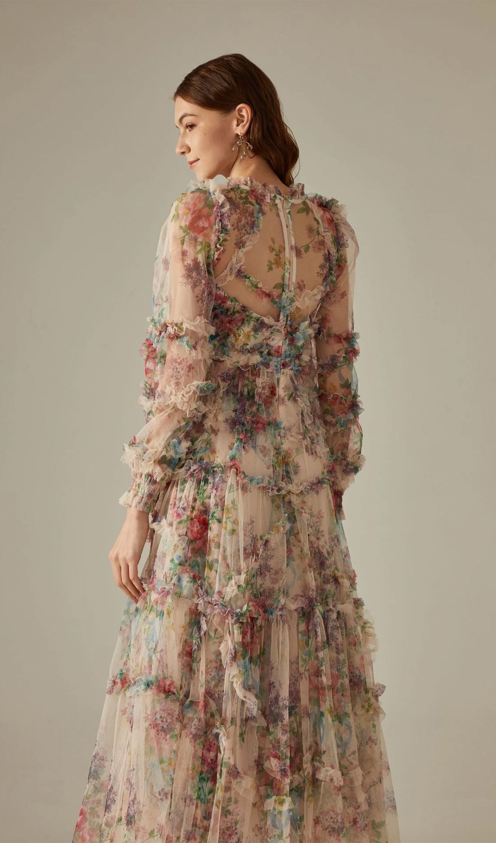 Long-Sleeved Floral Ruffled Maxi Knit Dress
