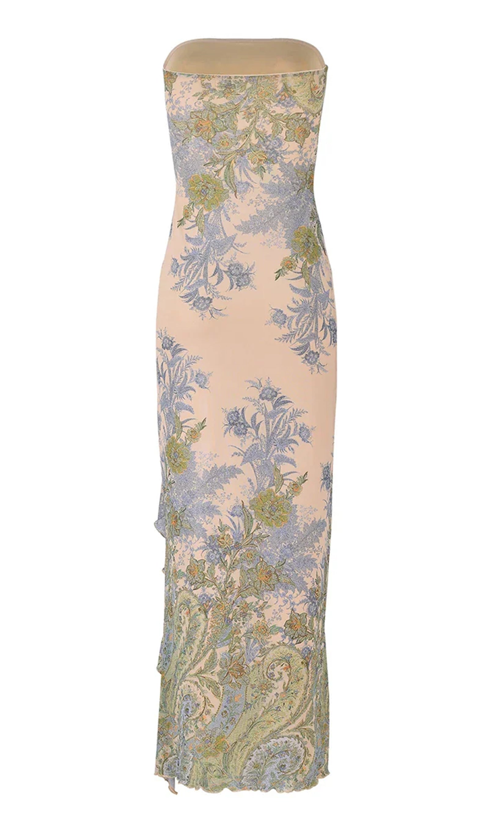 Printed Strapless Midi Dress with Slit 