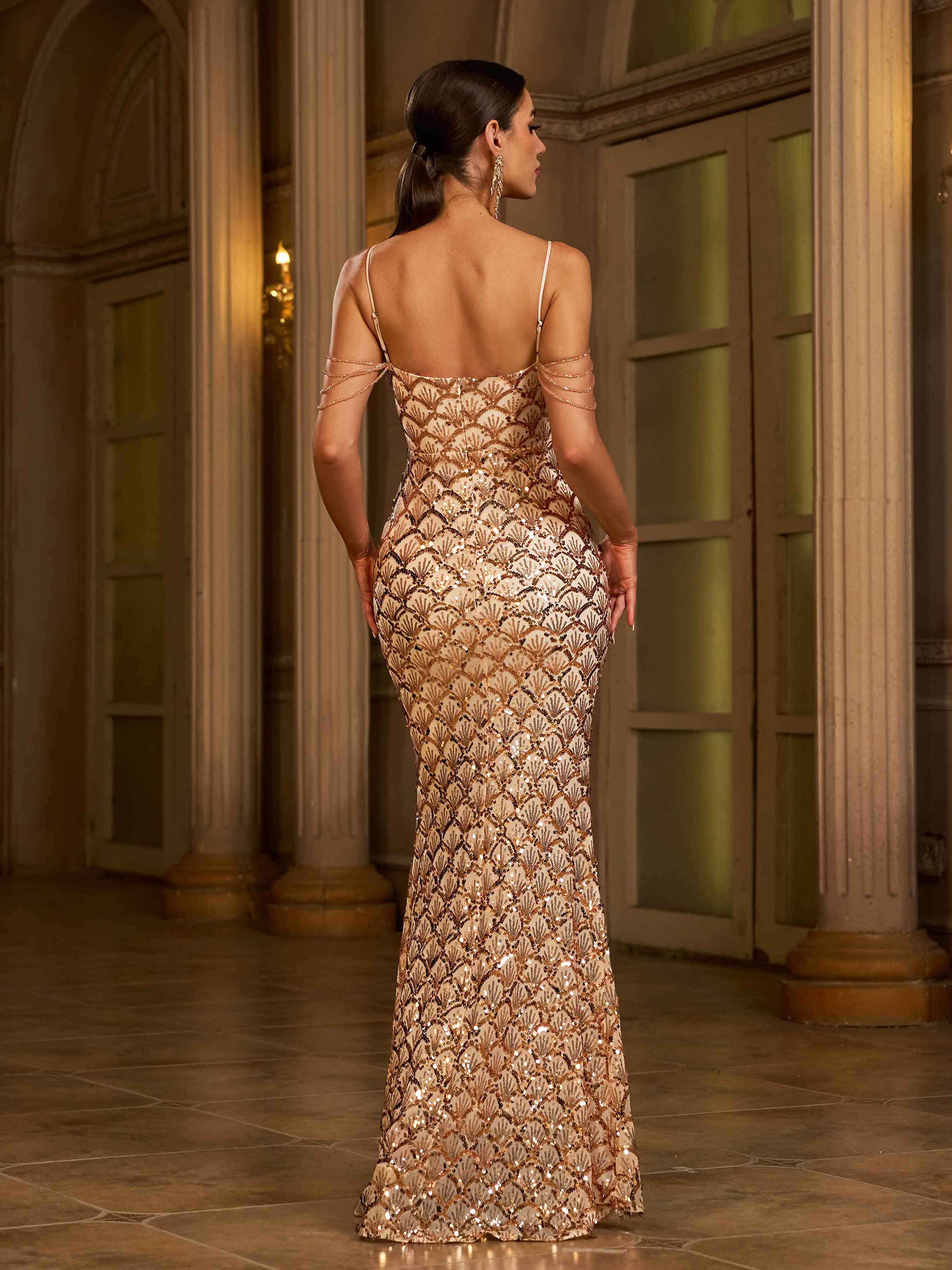 Glam Payetli Spagetti Maxi Elbise