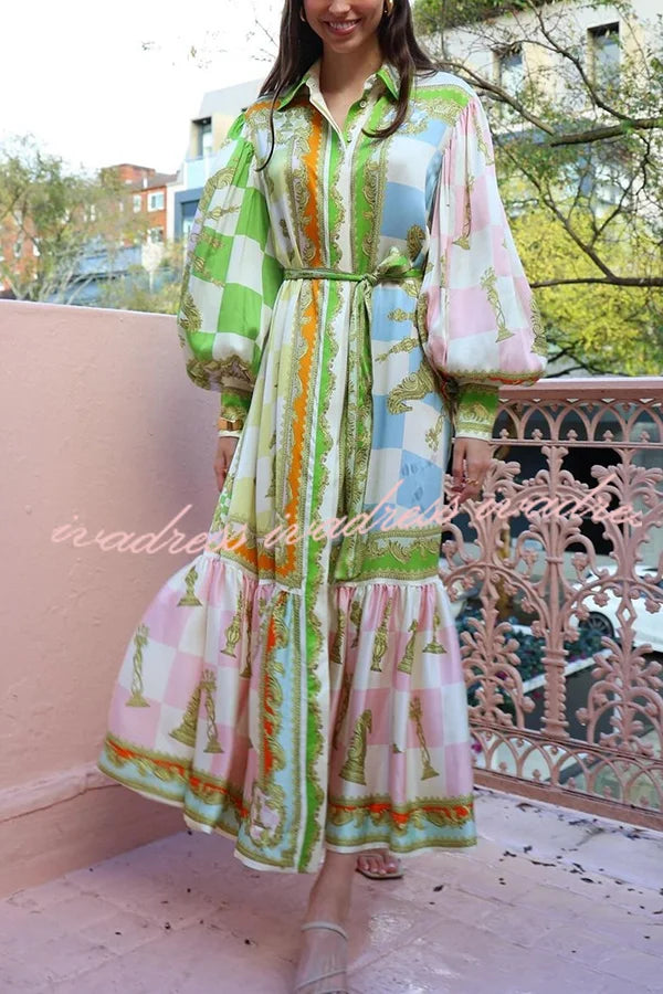 Gartenparty Satin-Maxikleid mit Ballonärmeln und Gürtel, Hemdbluse