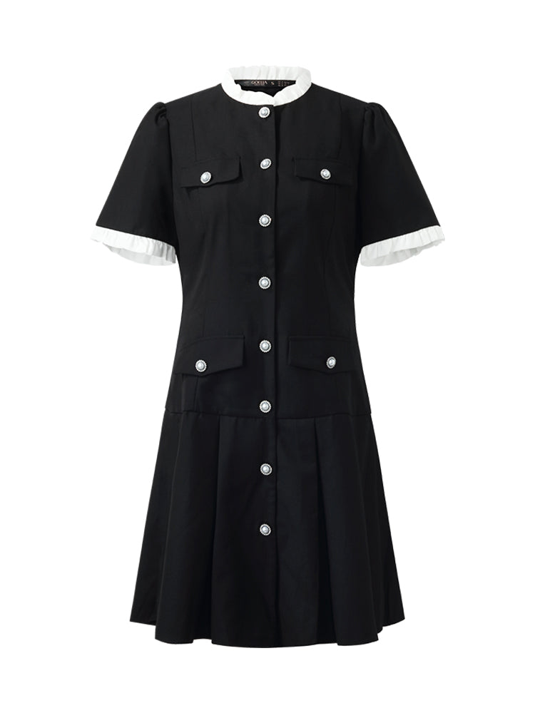 Women's Black Mini Sport Dress with Ruffle Trim and Pearl Buttons 