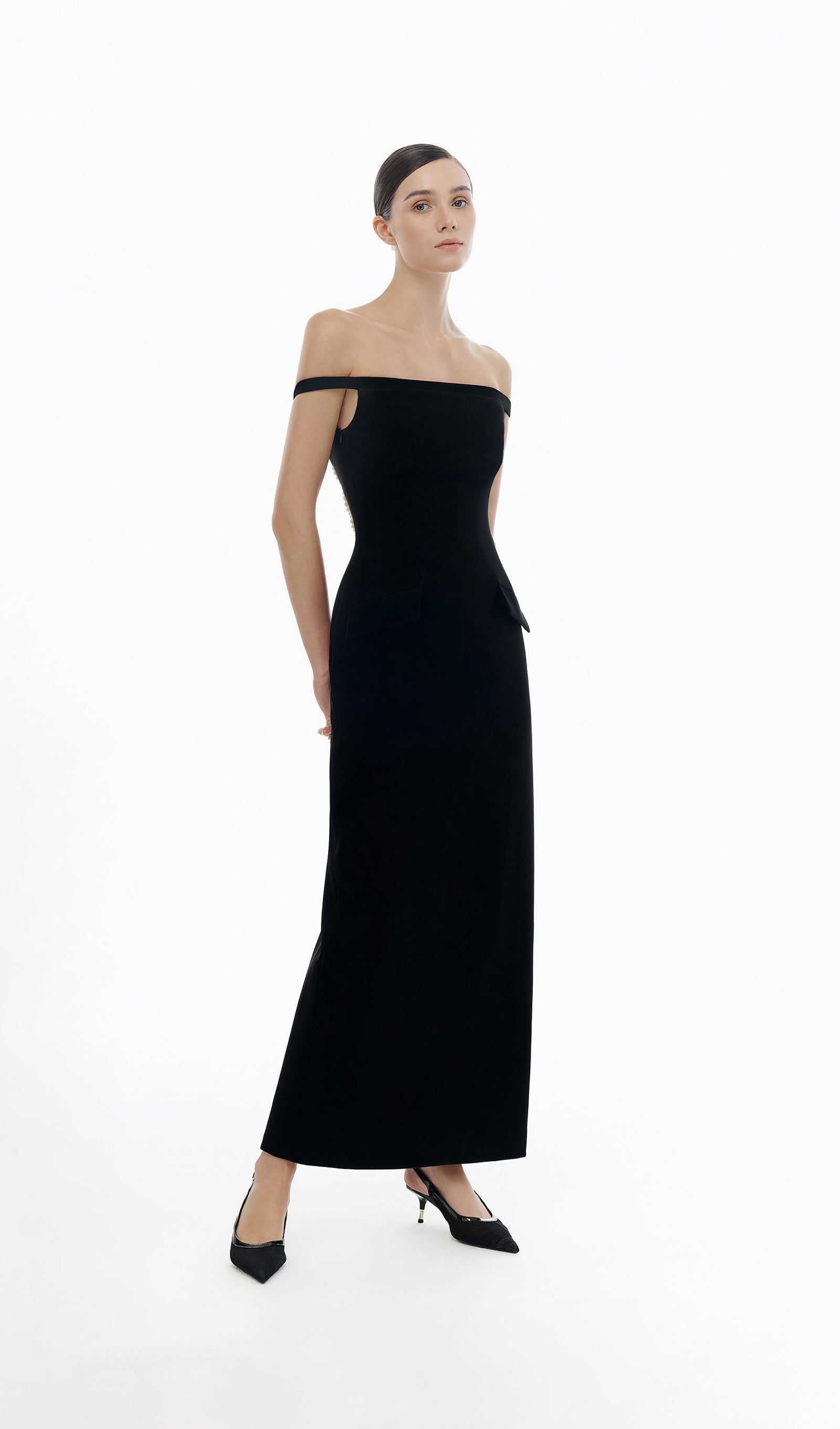 Schulterfreies, rückenfreies Midikleid 