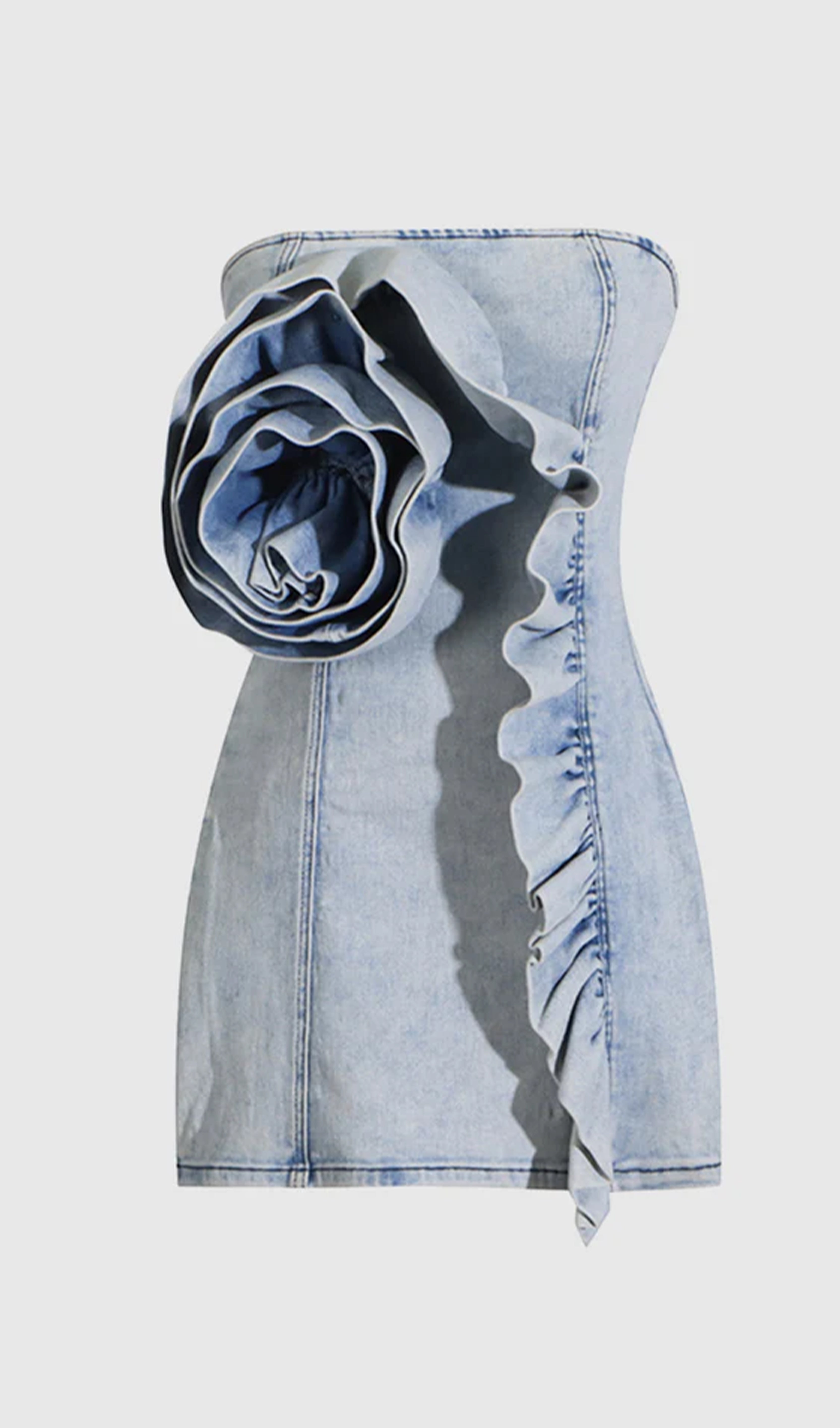 Çiçekli Omuzları Açık Denim Mini Elbise