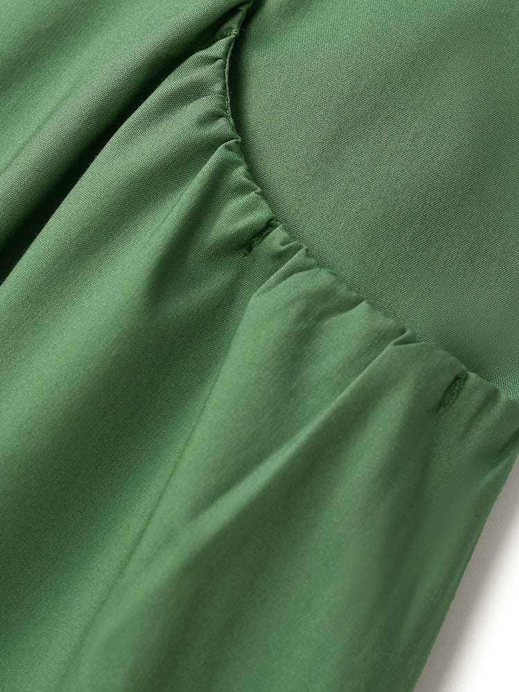 Kare Yaka Puf Kollu Kadın Midi Spor Yeşil Elbise