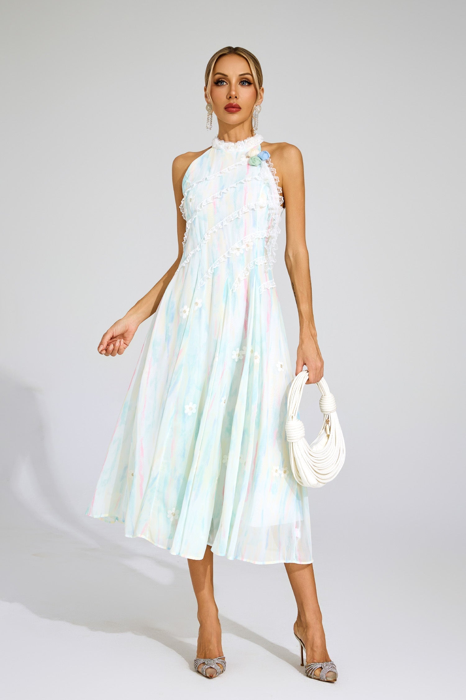 Celeste Pastel Dantel Midi Elbise