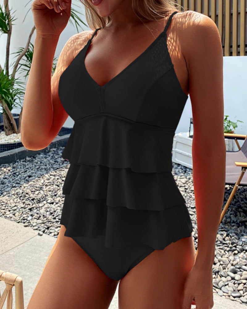 Düz Renk Volanlı Yırtmaçlı Tankini