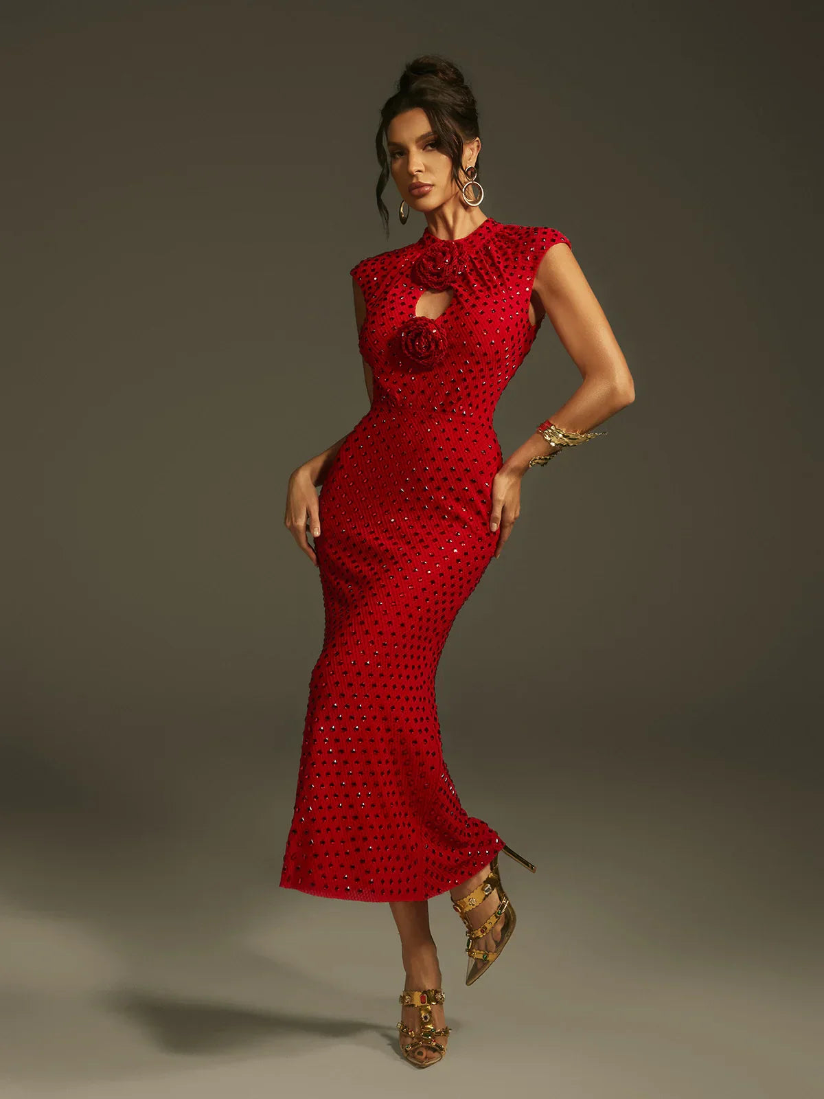 Rotes Kristallrosen-Midikleid
