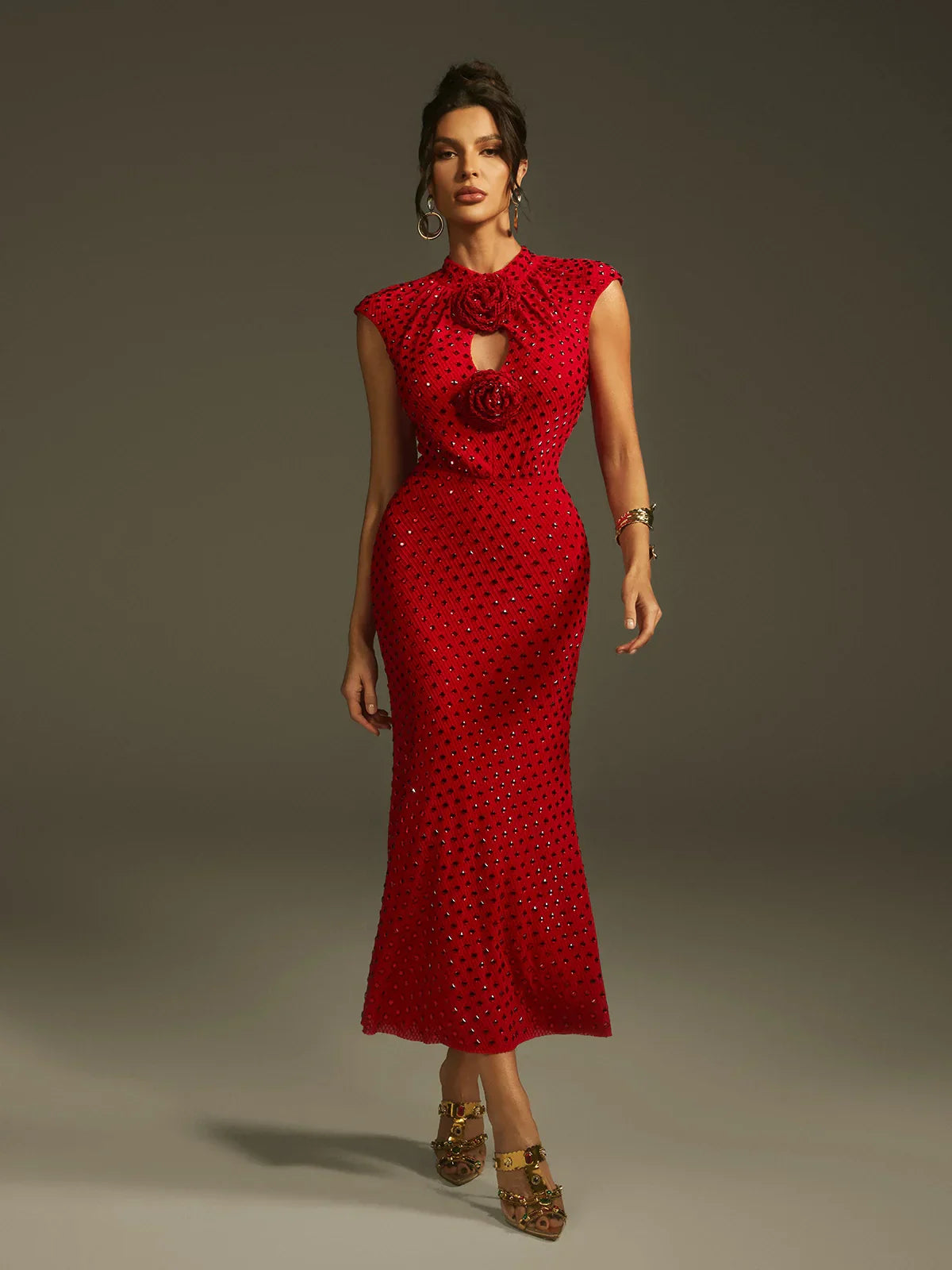 Rotes Kristallrosen-Midikleid