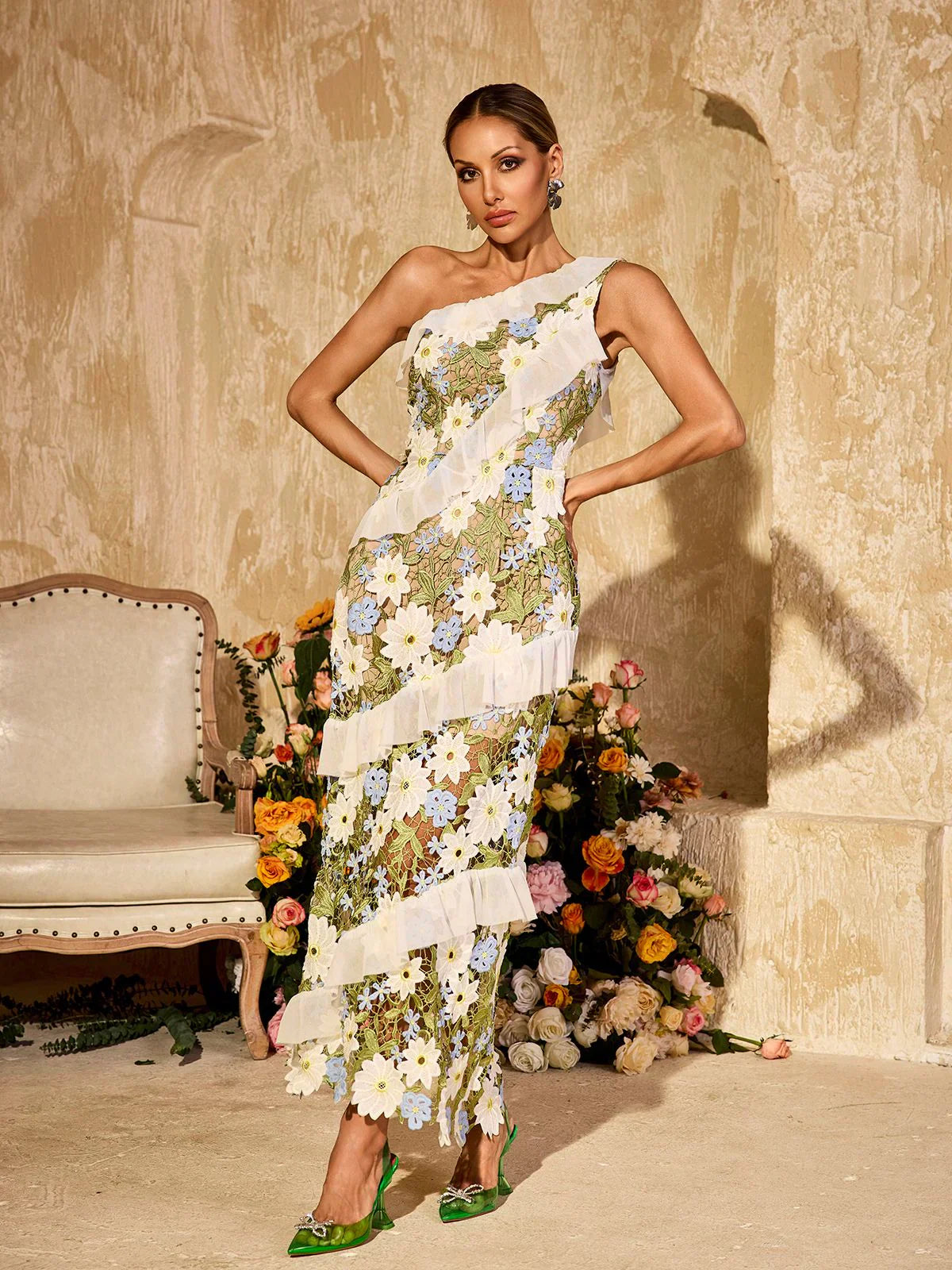 Gardenia Tek Omuzlu Çiçekli Maxi Elbise