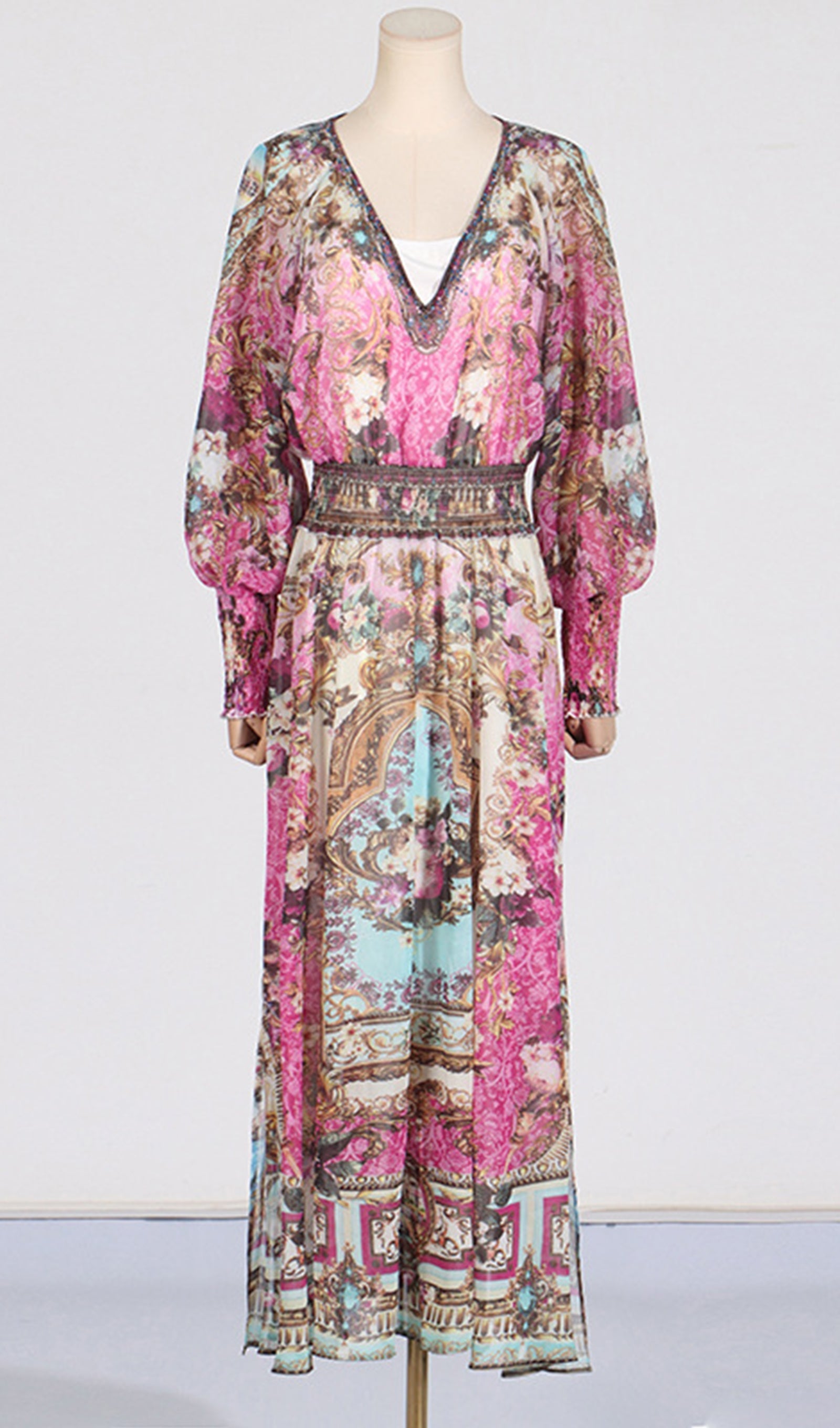 Boho-Maxikleid mit Blumenmuster, langen Ärmeln und V-Ausschnitt