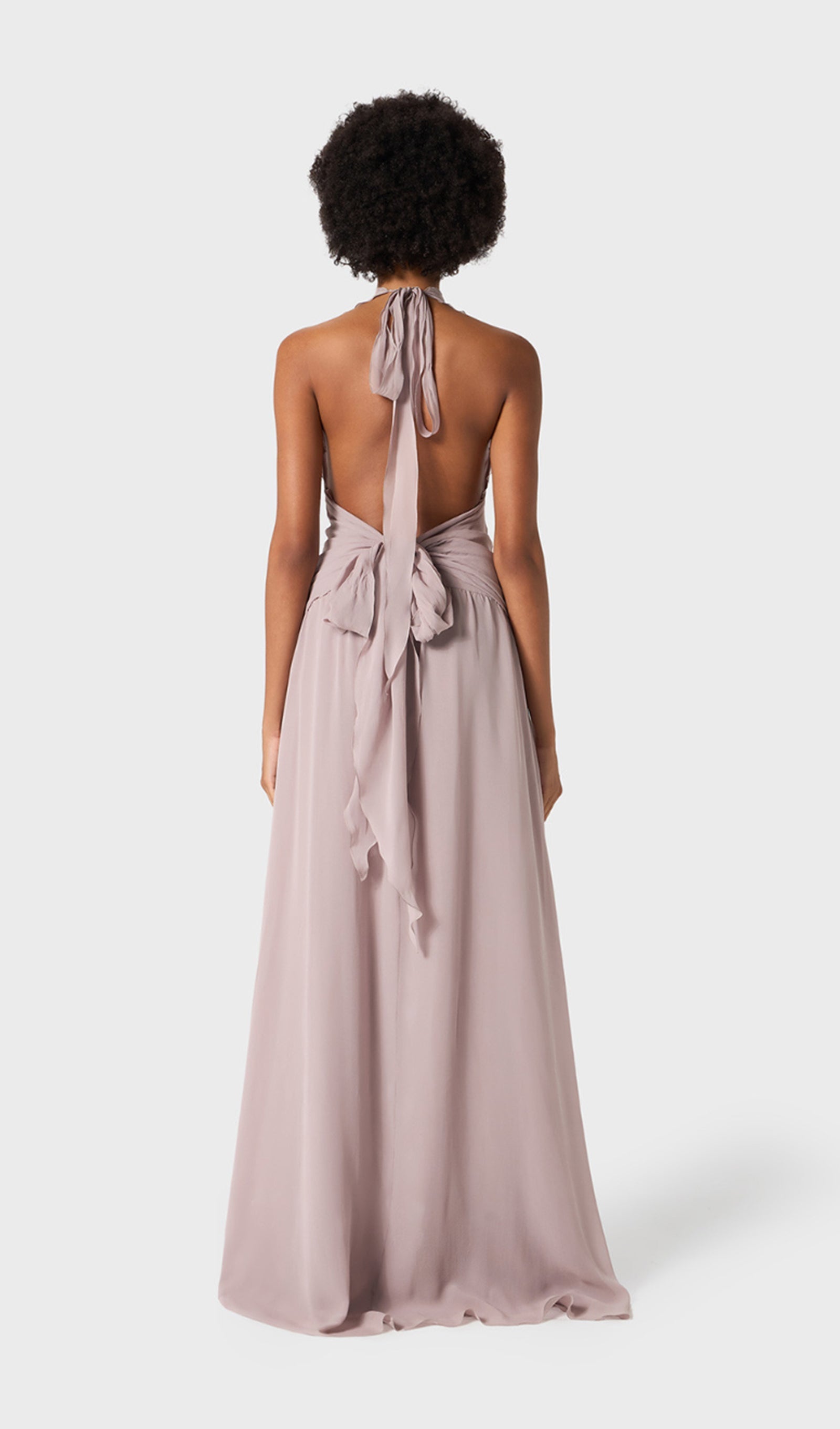 Halter Ruffles Maxi Dress with Rose Embellishments 