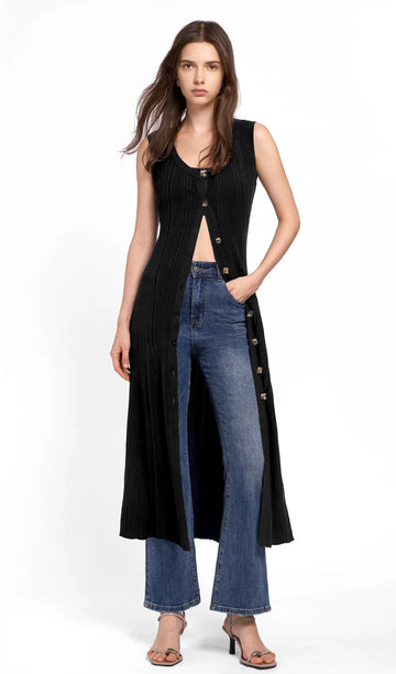 Metallic Buttoned Knitted Midi Dress Black 