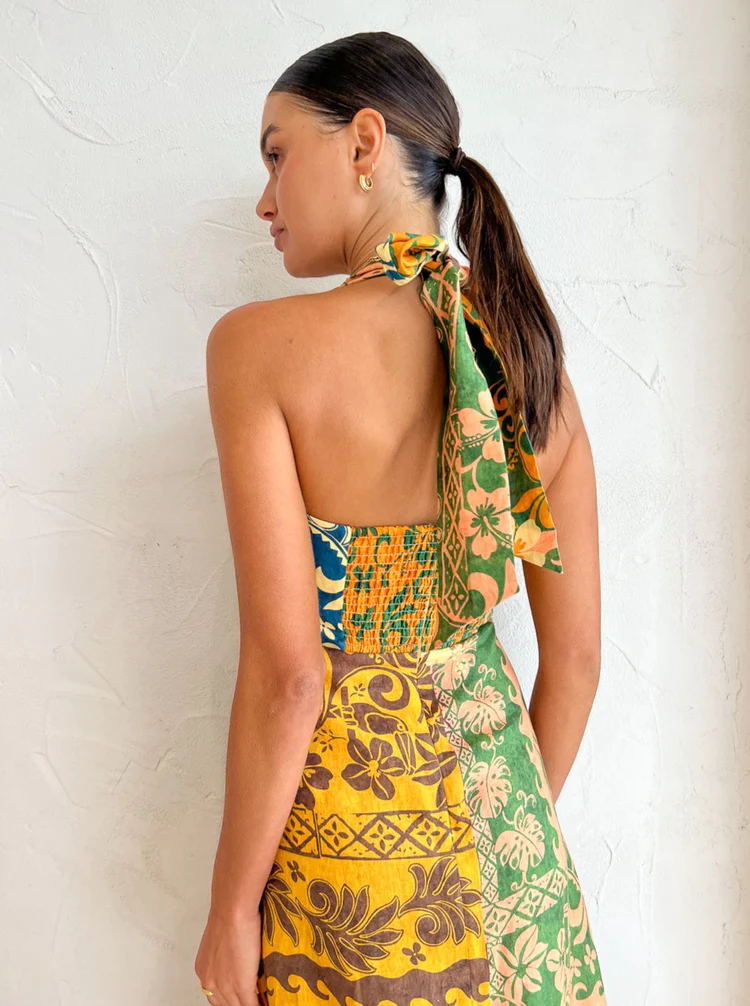 Sexy Print Bandage Backless Halter Print Maxi Dress 