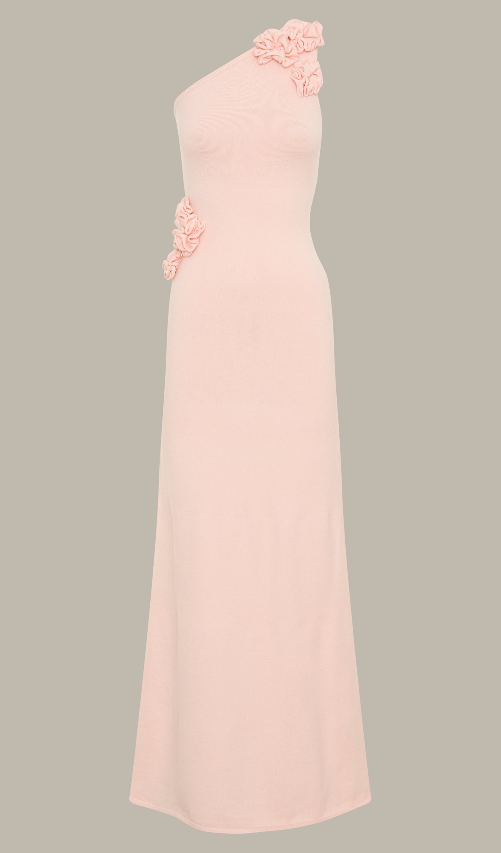 Maxikleid aus geblümtem Strick mit einer Schulter – Babyrosa 