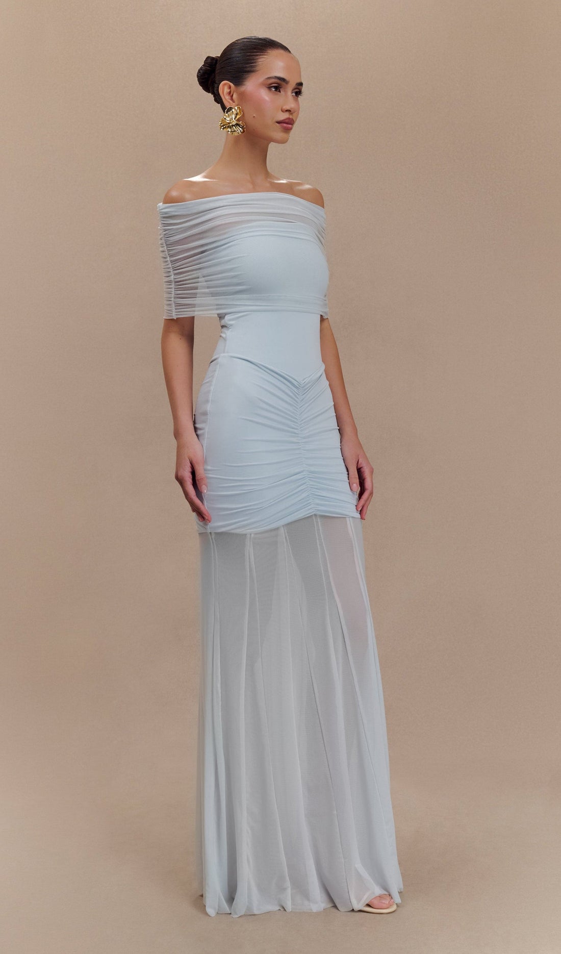 Slinky Off-Shoulder Maxi Dress - Pale Blue 