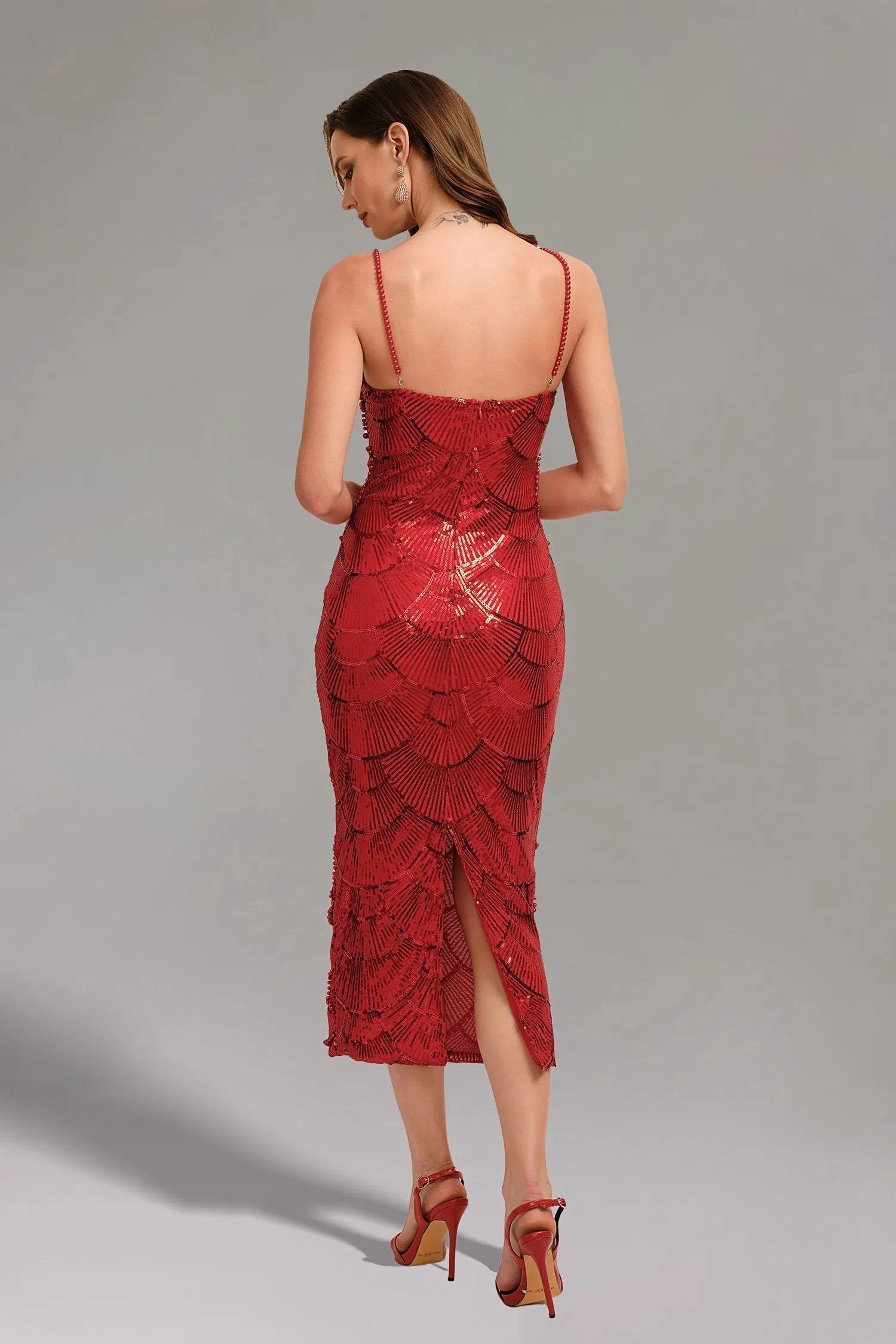 Teressa Rotes, perlenbesetztes, trägerloses Maxikleid