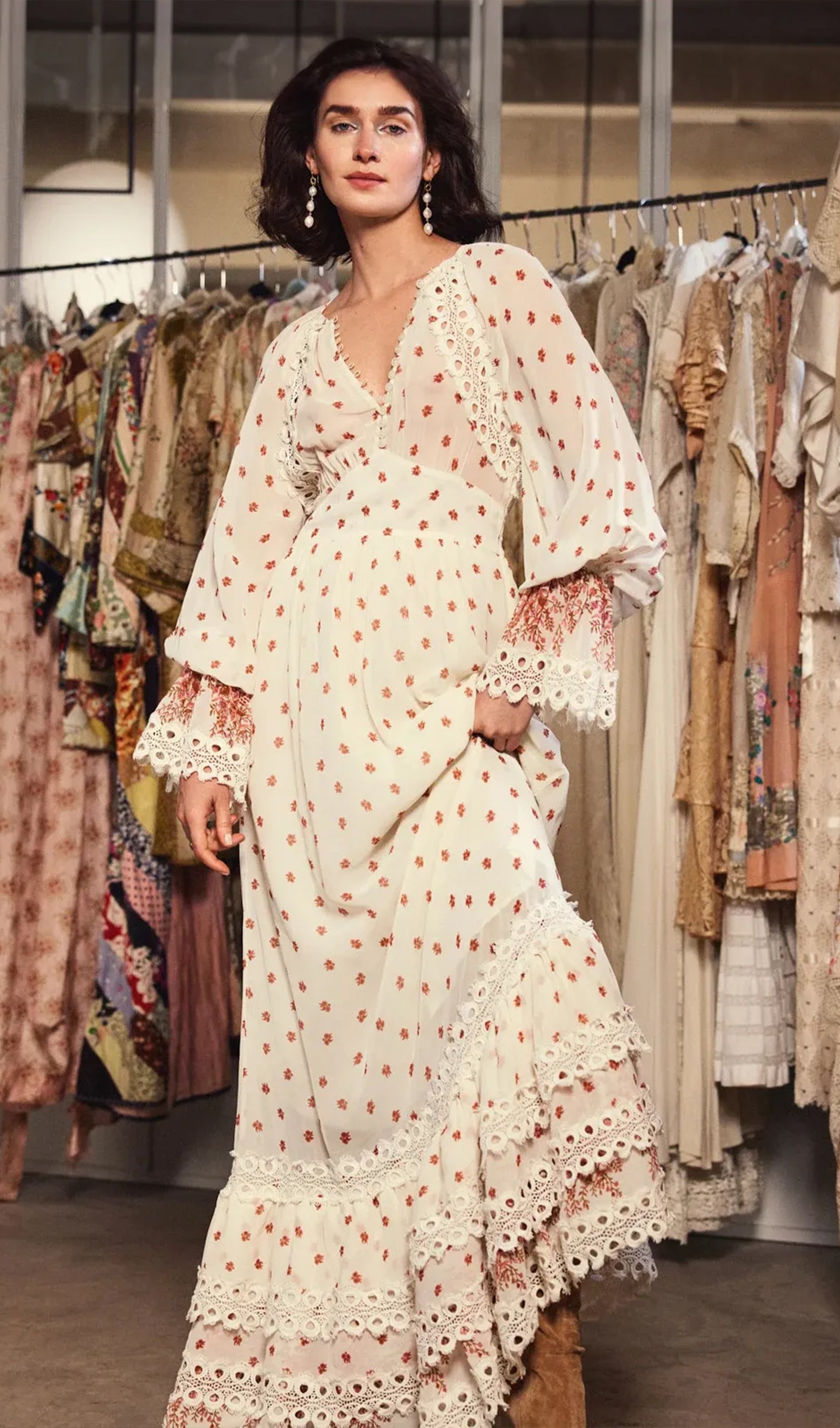 Floral Long Sleeve V-Neck A-Line Maxi Dress