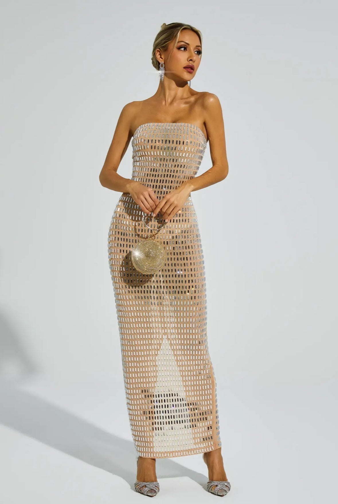 Yapay Elmas Mesh Maxi Elbise