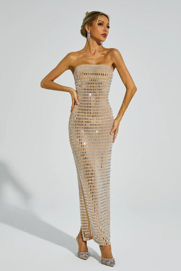 Yapay Elmas Mesh Maxi Elbise