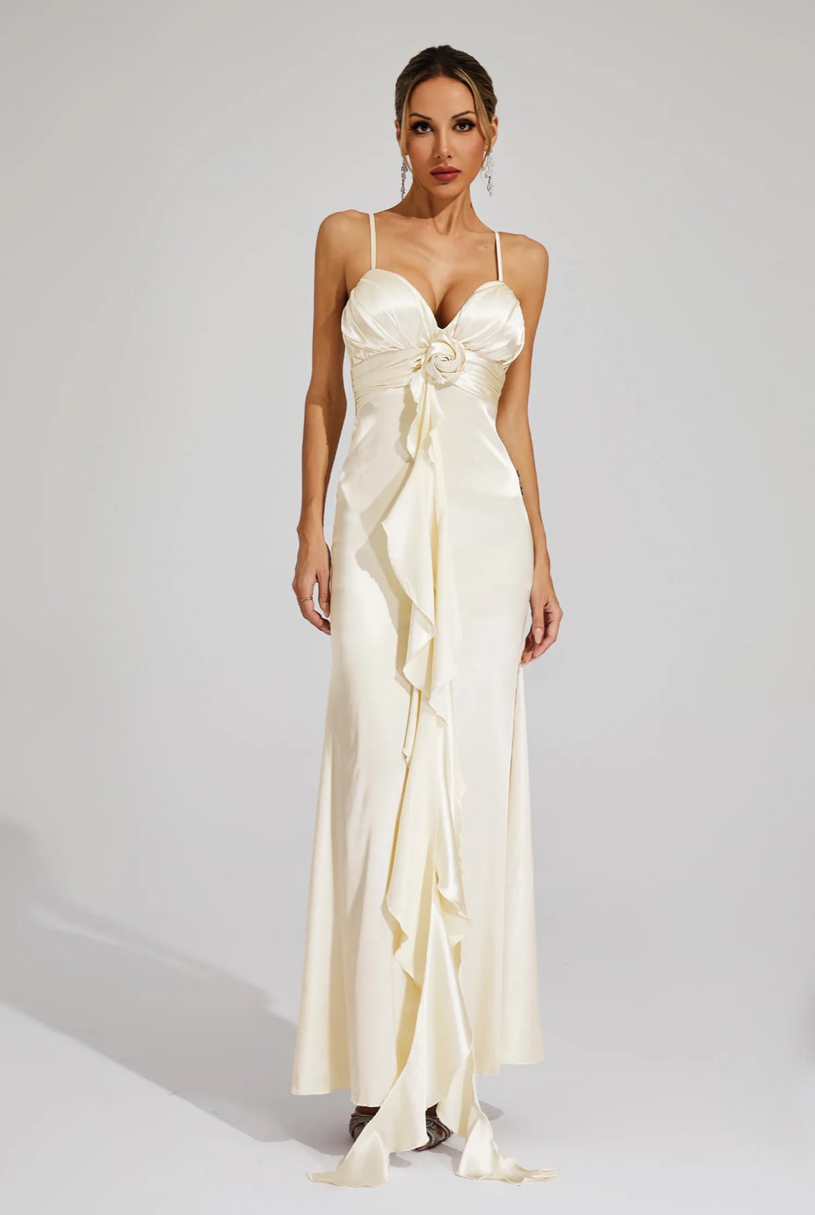 Rose Saten Drapeli Maxi Elbise