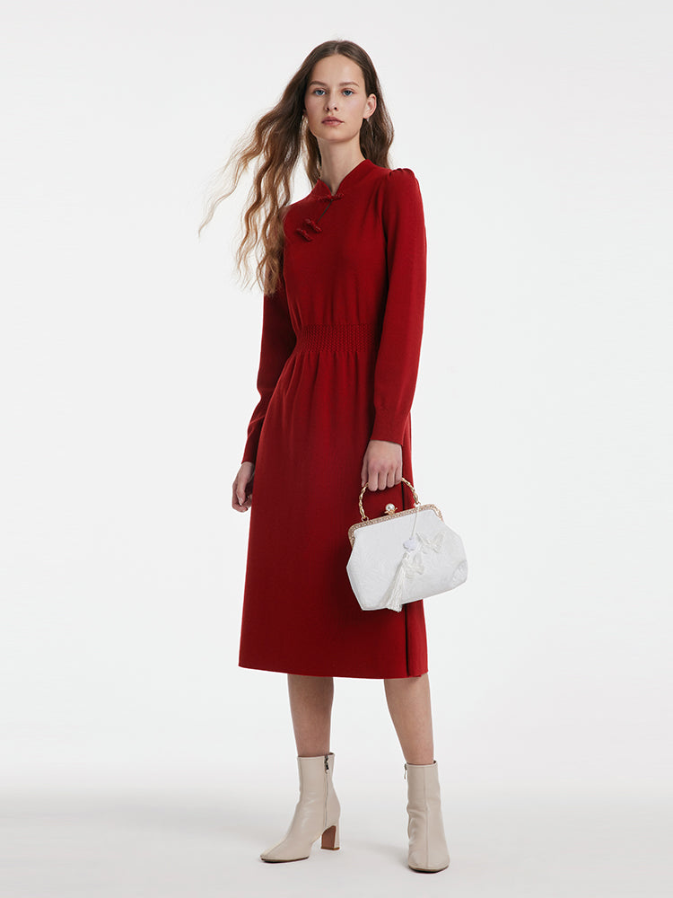 Yün Cheongsam Büzgülü Bel Qipao Kırmızı Midi Kışlık Elbise