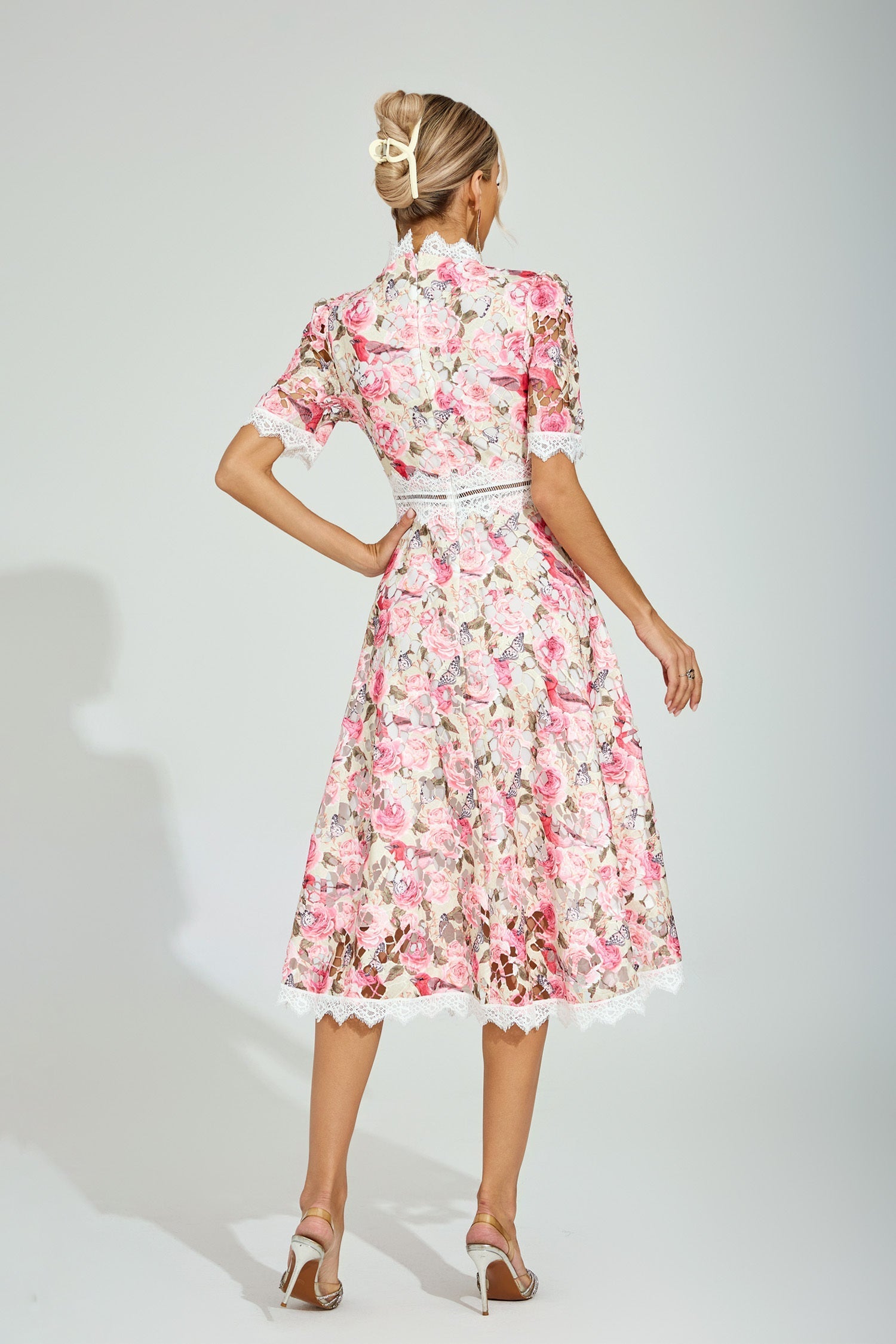 Rose Éclat Dantel Midi Elbise