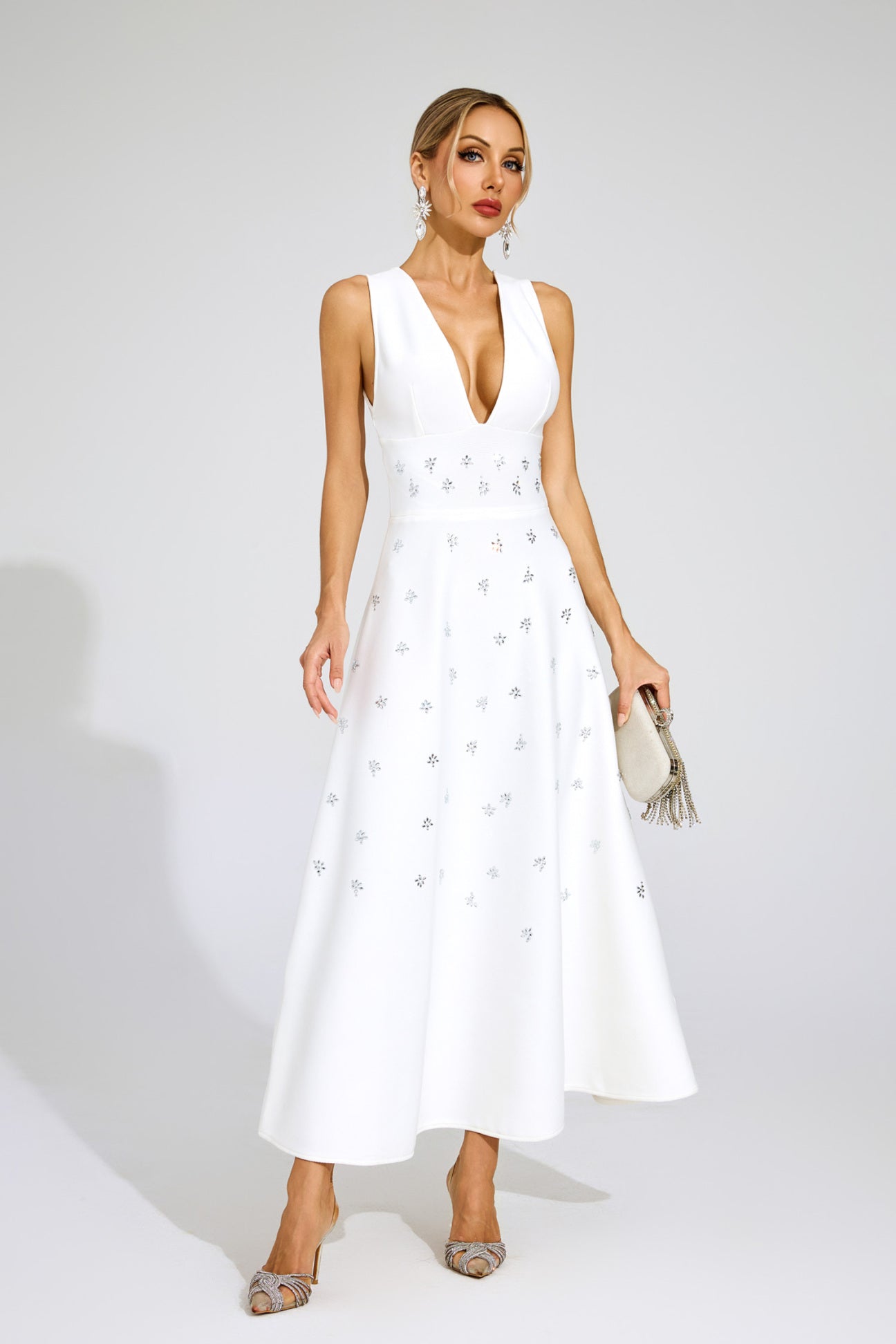 Céleste White Crystal Embellished Maxi Dress