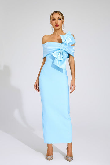 Blaues Satin-Maxikleid mit Schleife