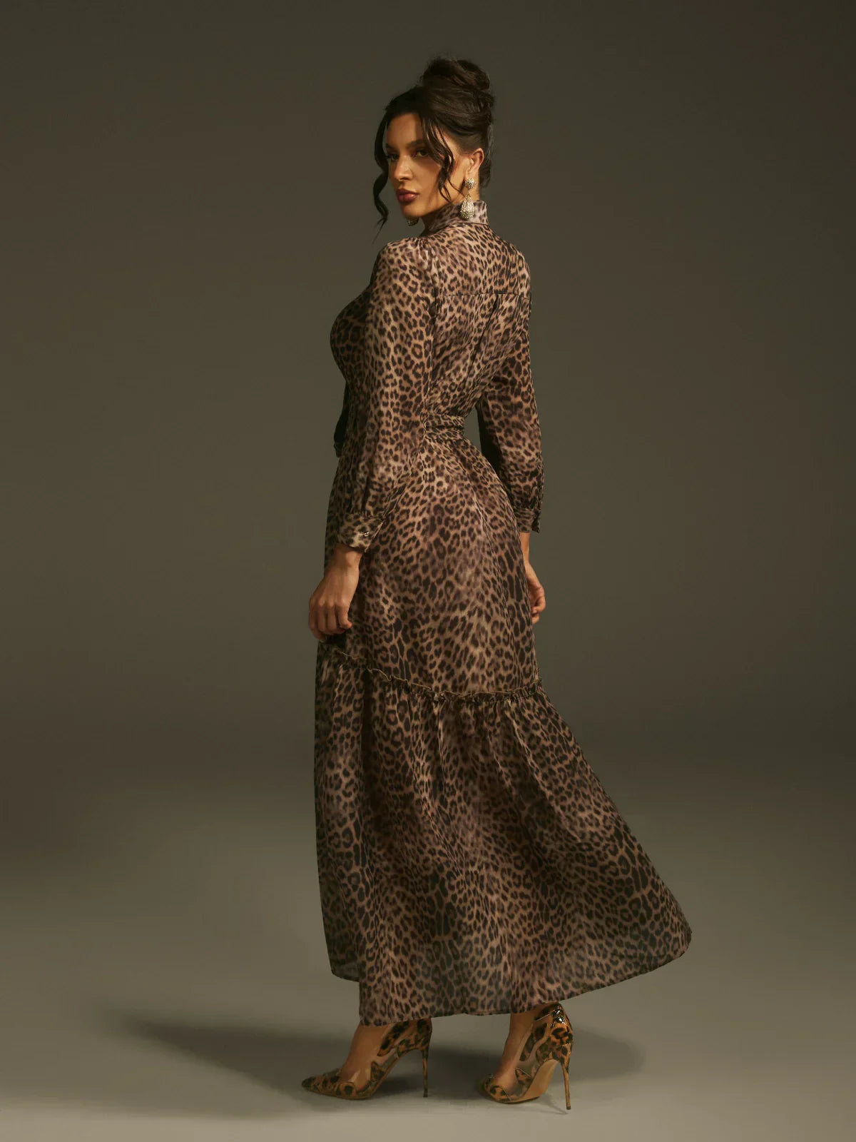 Leopar Desenli Zarif Maxi Elbise