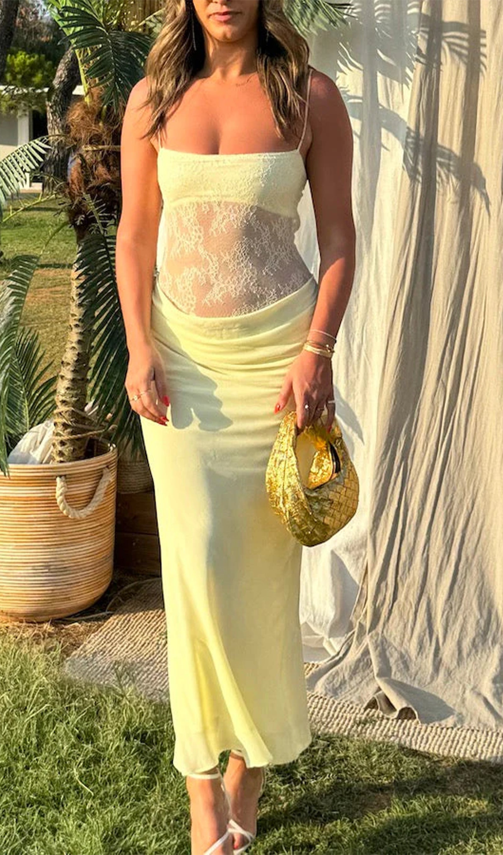 Lace-trimmed Maxi Dress - Yellow 