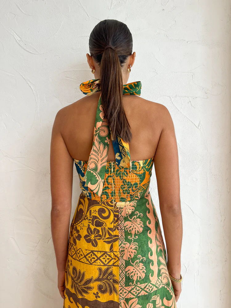 Sexy Print Bandage Backless Halter Print Maxi Dress 