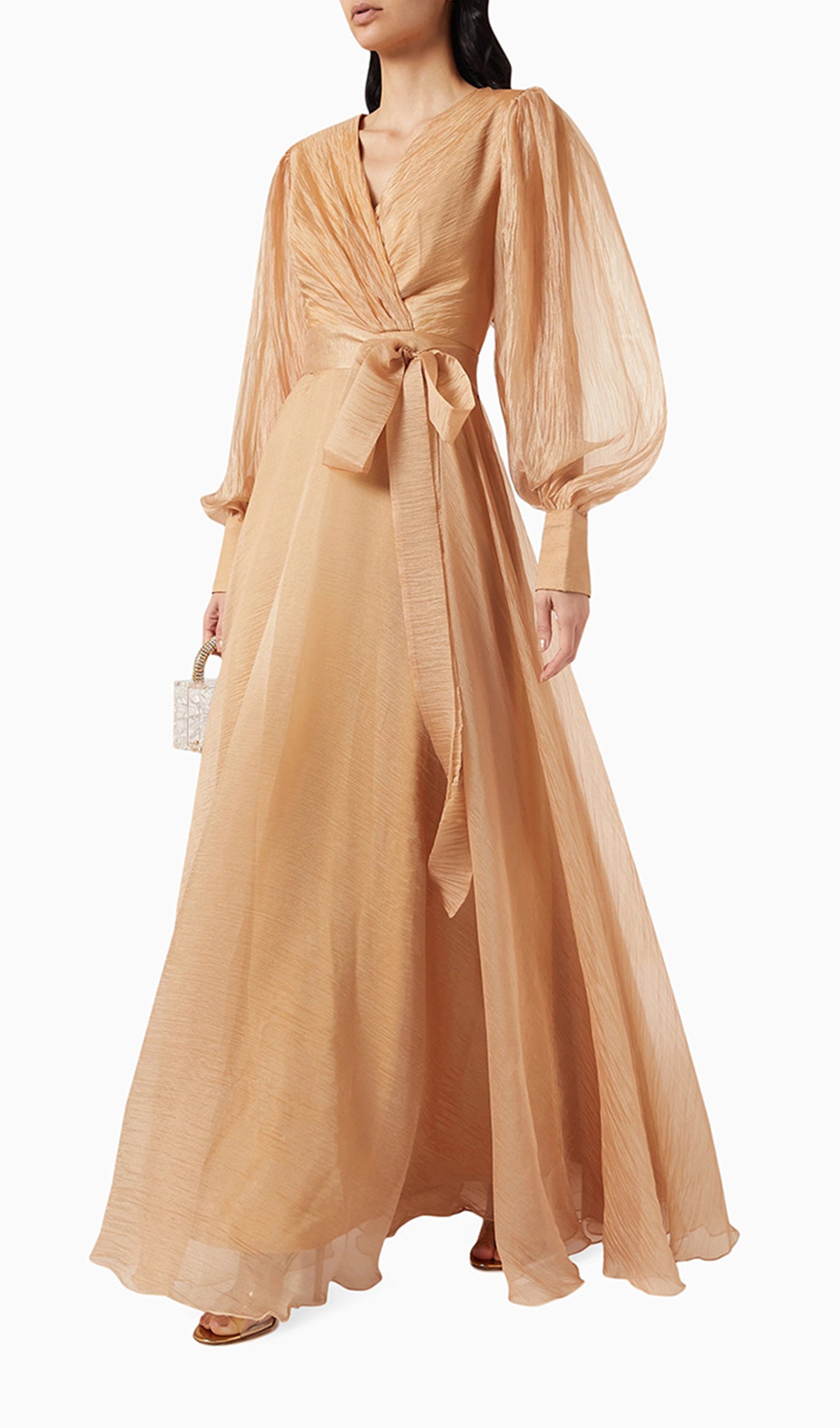 Maxikleid mit Laternenärmeln, V-Ausschnitt und Gürtel