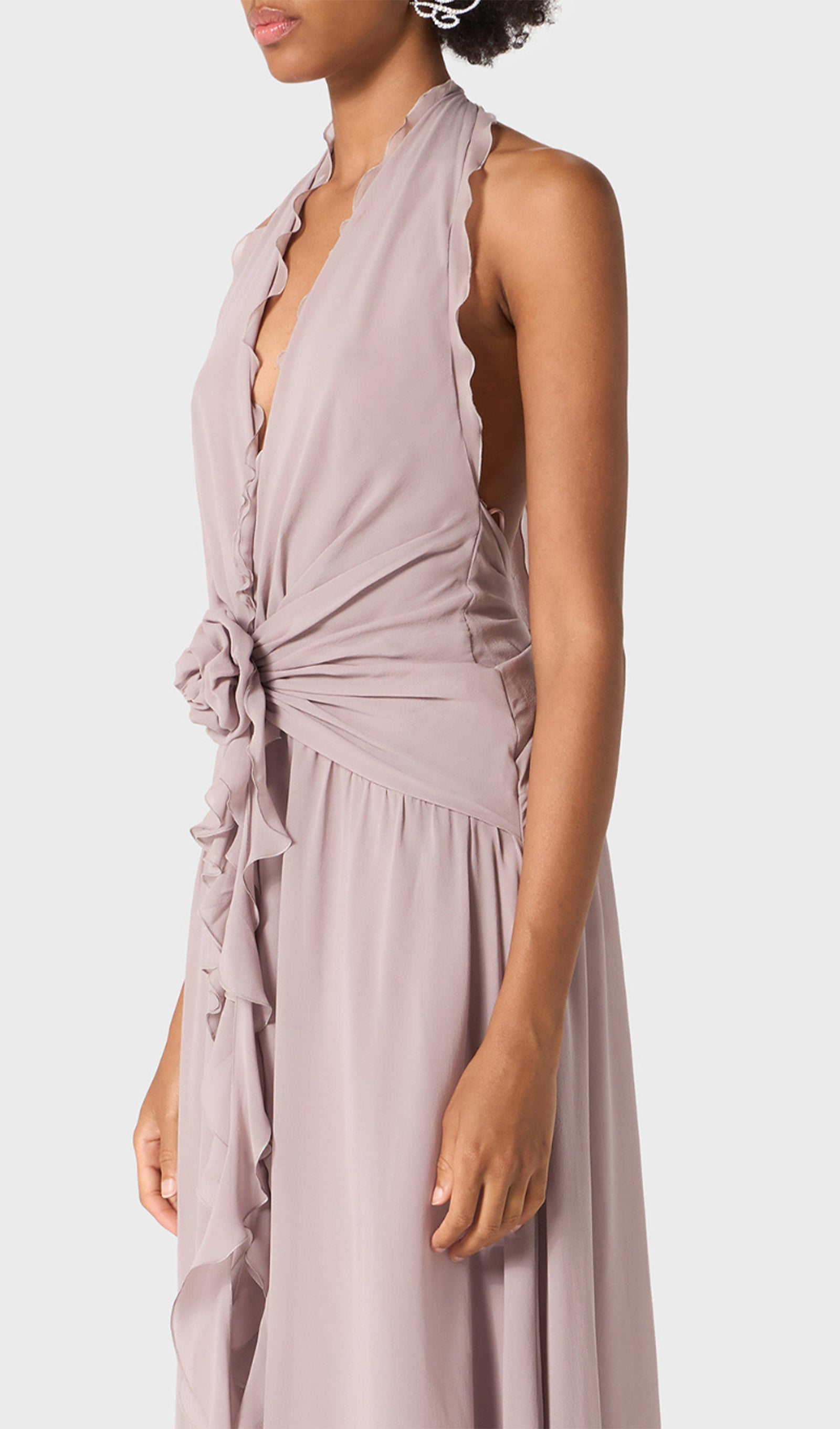 Halter Ruffles Maxi Dress with Rose Embellishments 