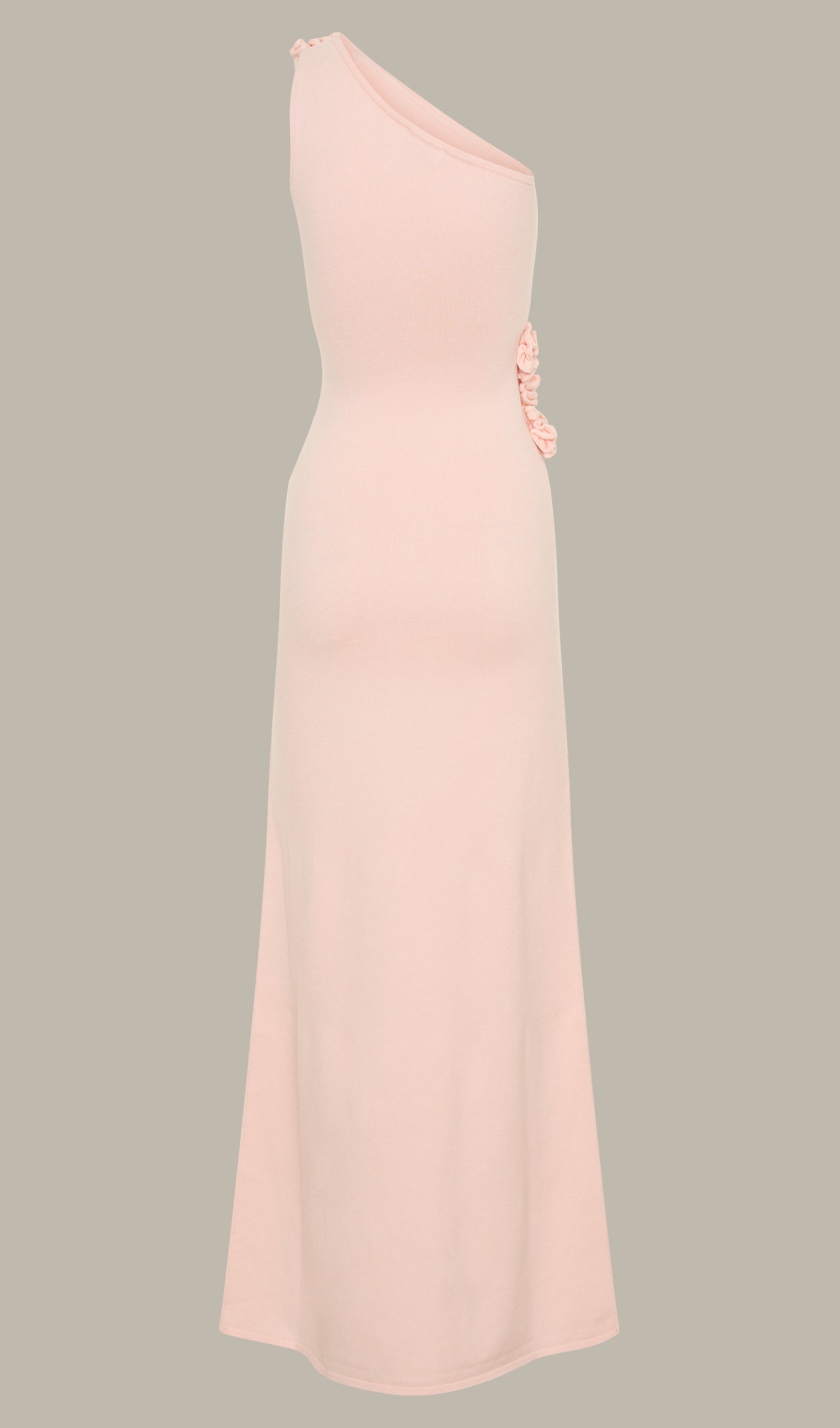 Maxikleid aus geblümtem Strick mit einer Schulter – Babyrosa 