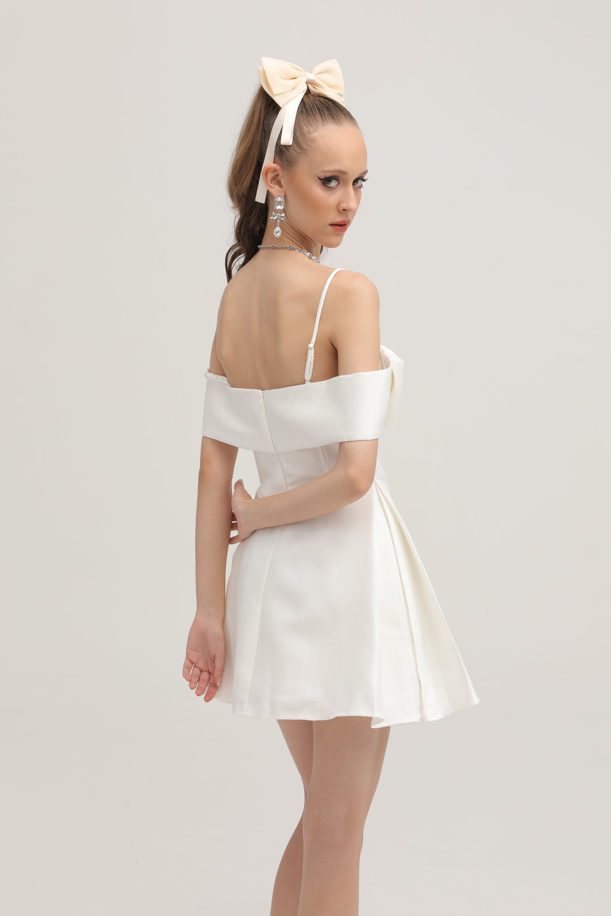 Elva White Flared Mini Dress with Bow