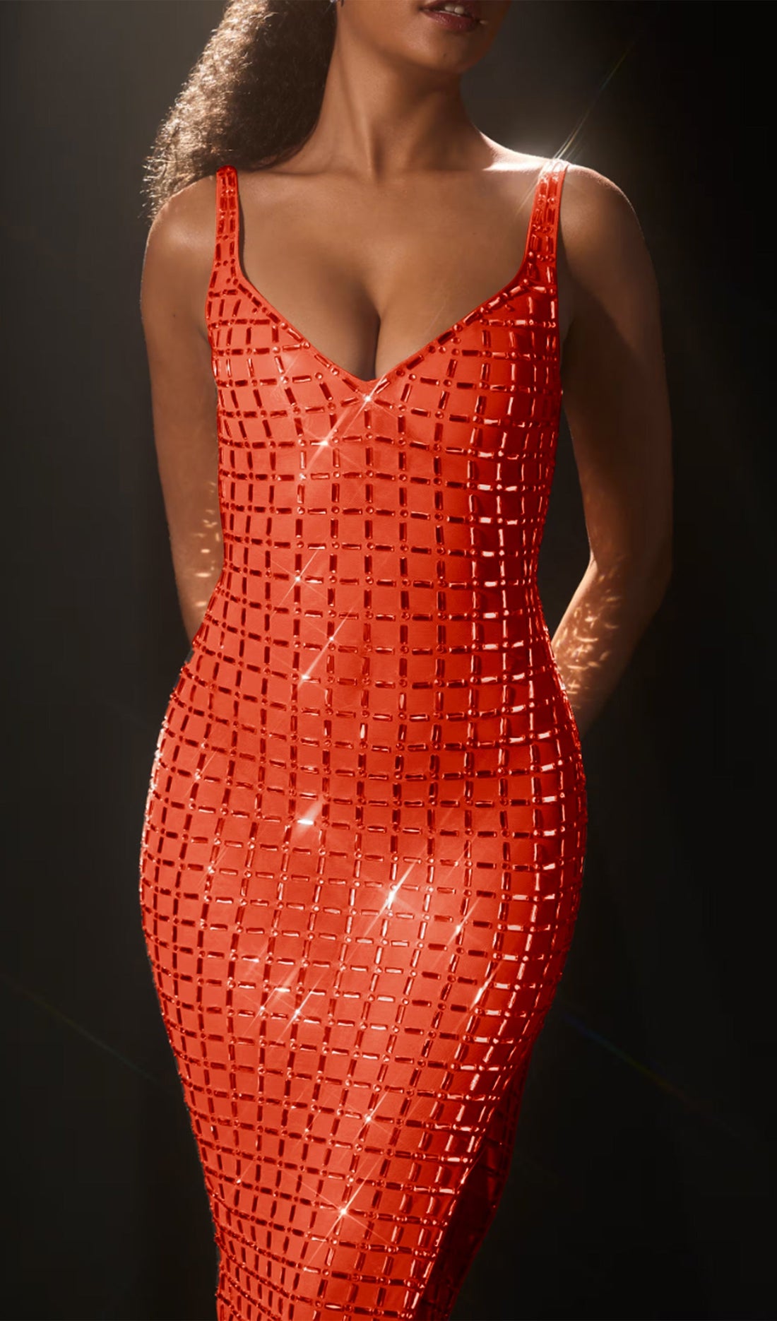 Embellished Backless Midi Dress, Red 