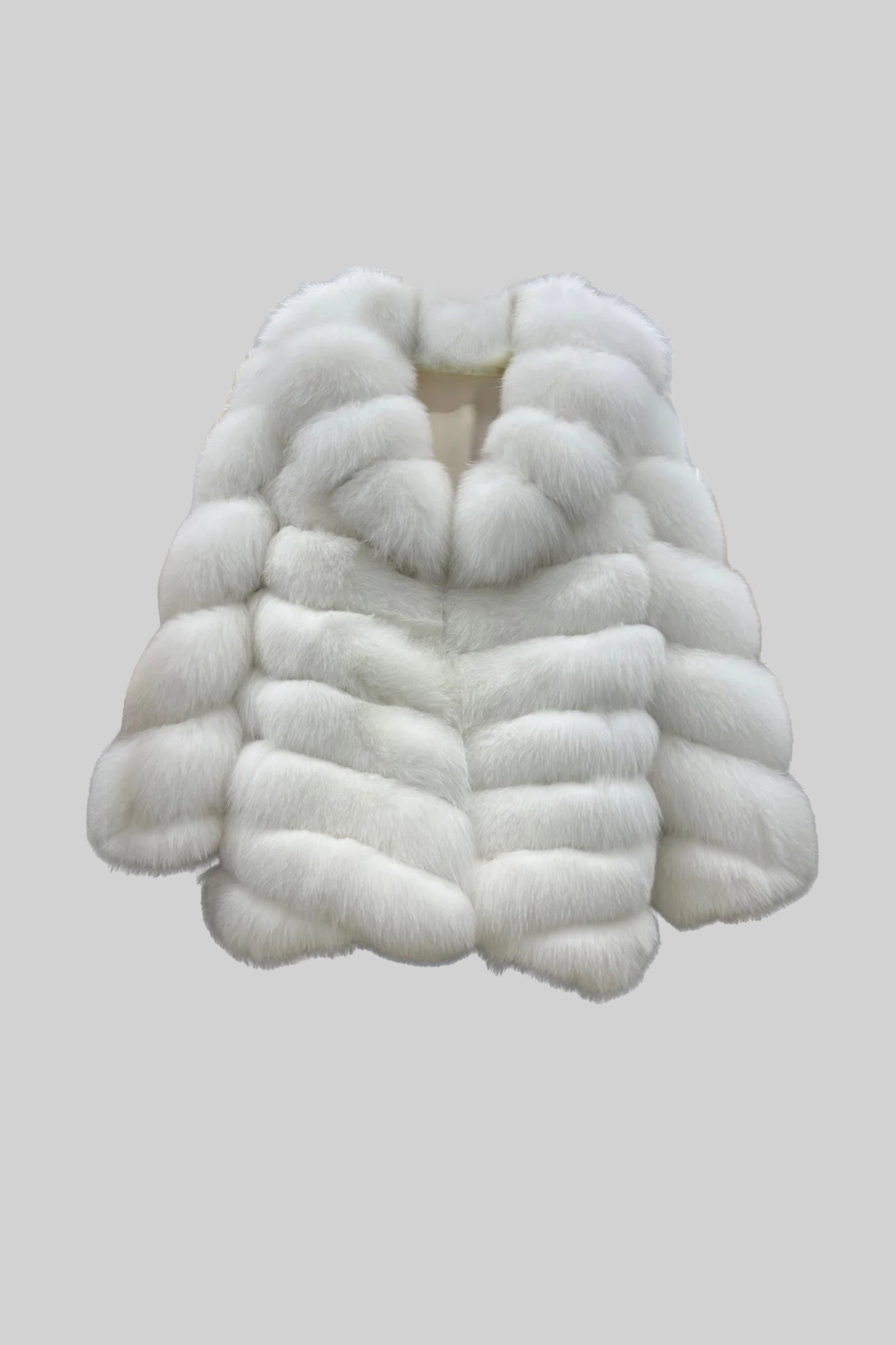 Layered Fox Fur Jacket with Large Shawl Collar – White