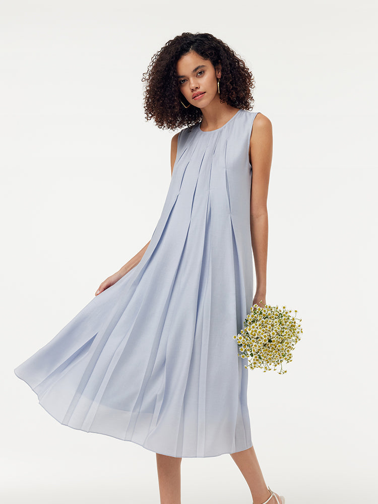 Asetat A-Line Kadın Midi Mavi Elbise