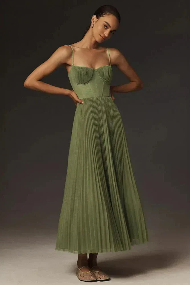 Büstiyer Pileli Tül Fit & Flare Midi Elbise