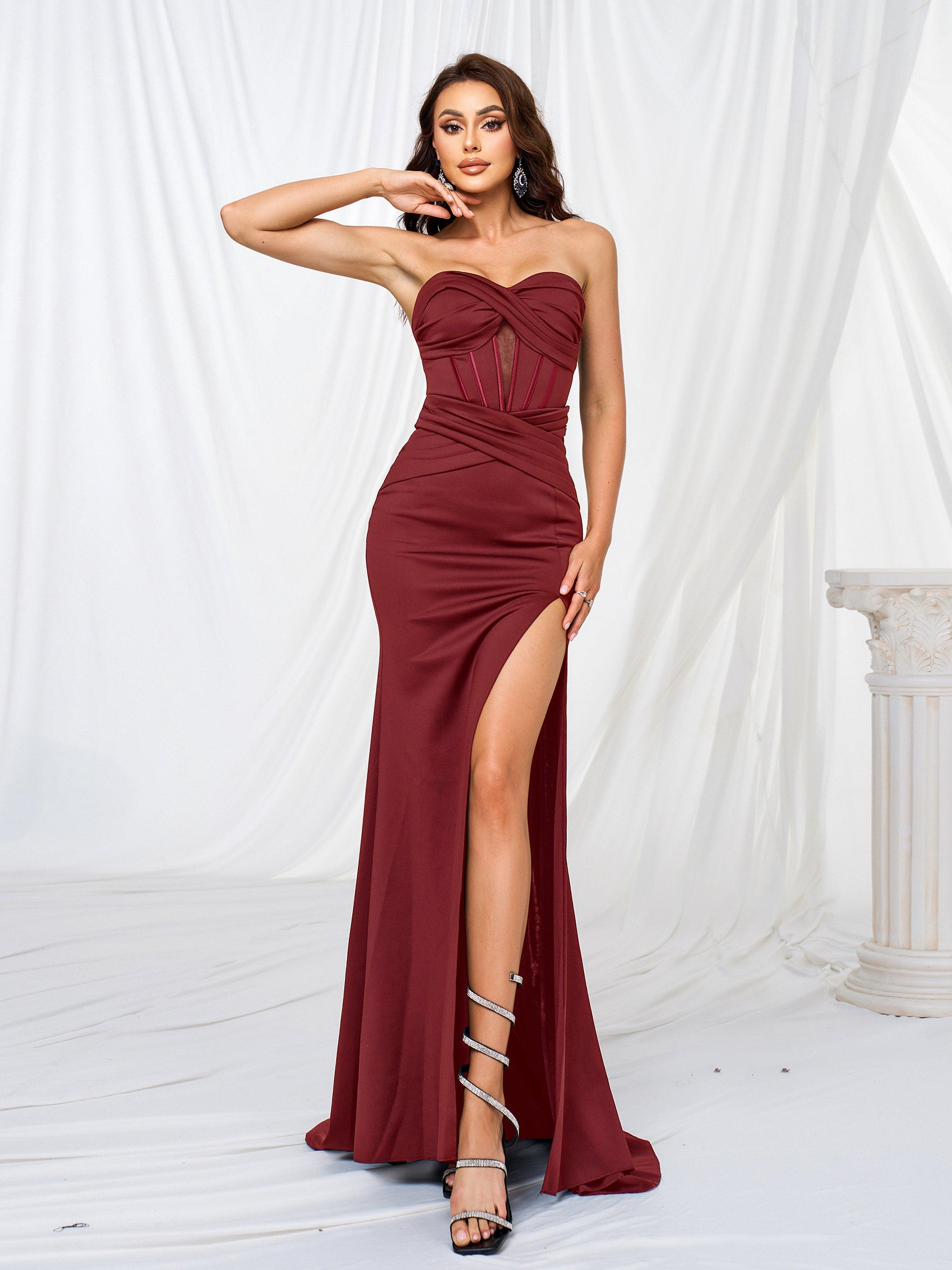 Viviana Straplez Yırtmaçlı Maxi Elbise