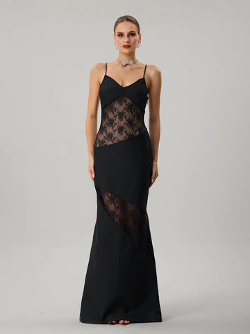 Schwarzes Maxikleid mit Spitzeneinsatz 
