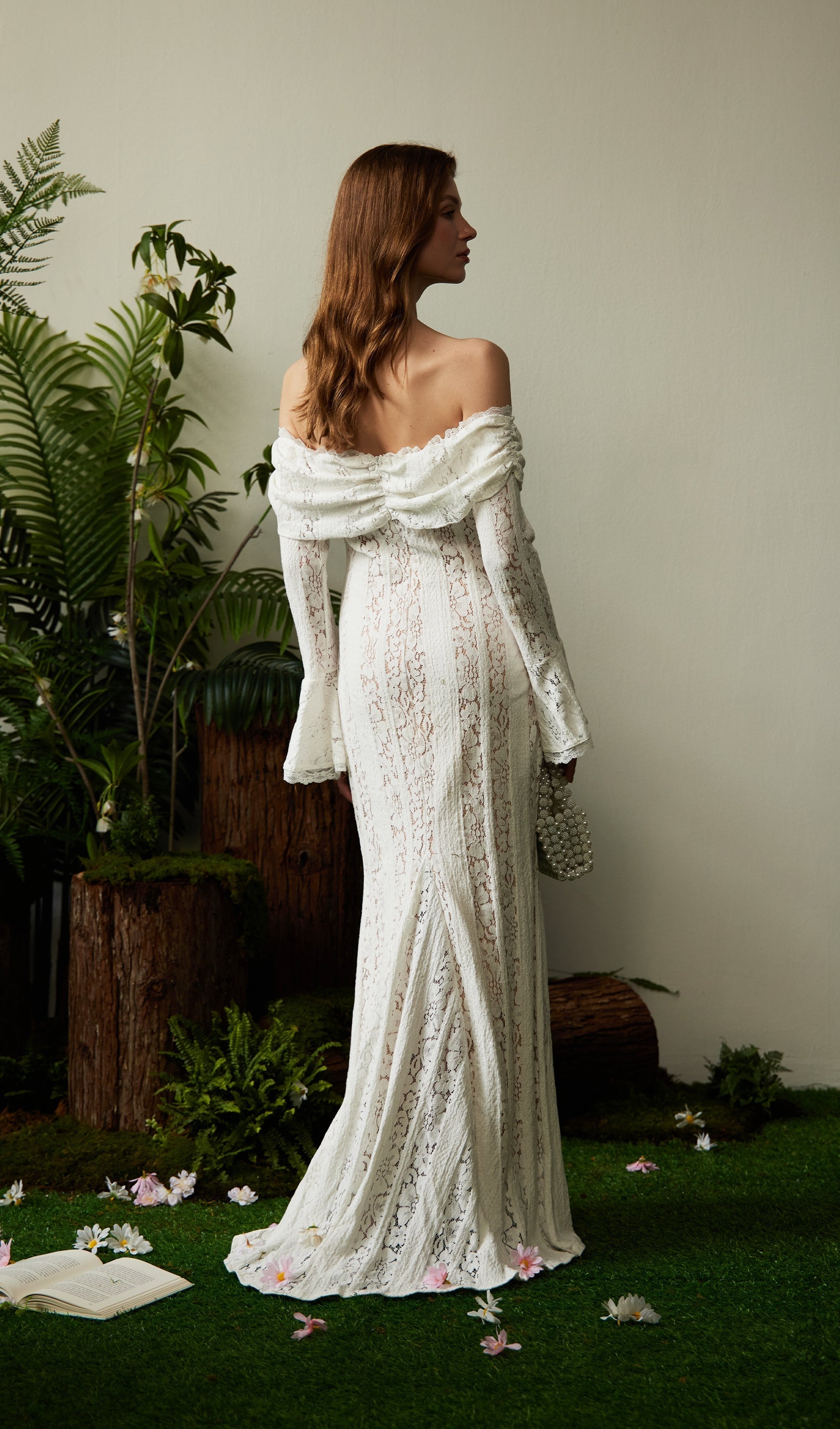 Vintage Floral Lace Off-Shoulder Maxi Dress 
