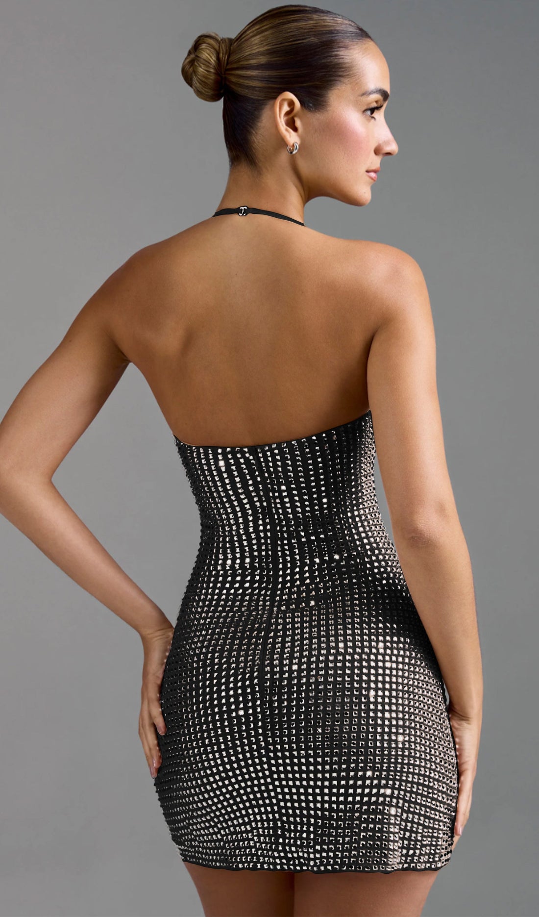 Stone Embellished Halter Neck Mini Dress Black 
