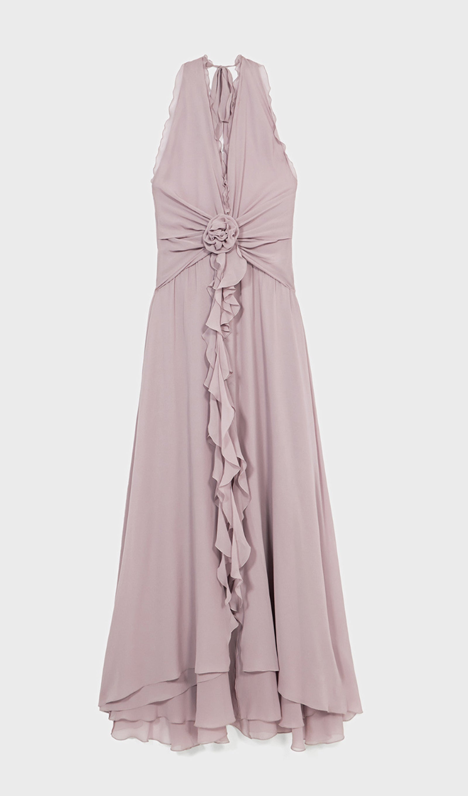 Halter Ruffles Maxi Dress with Rose Embellishments 