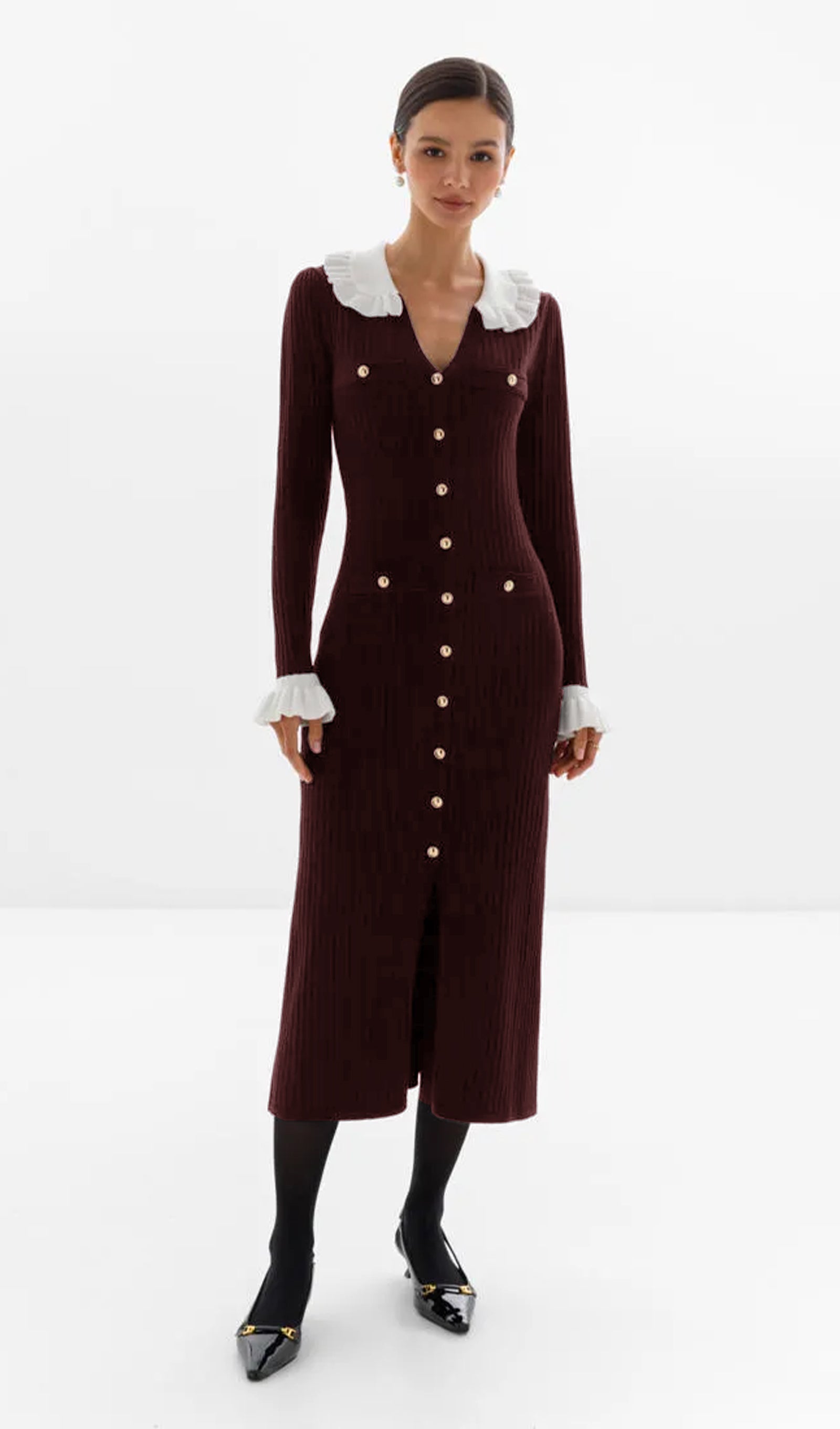 Jersey Ruffle Collar Midi Dress - Reddish Brown 